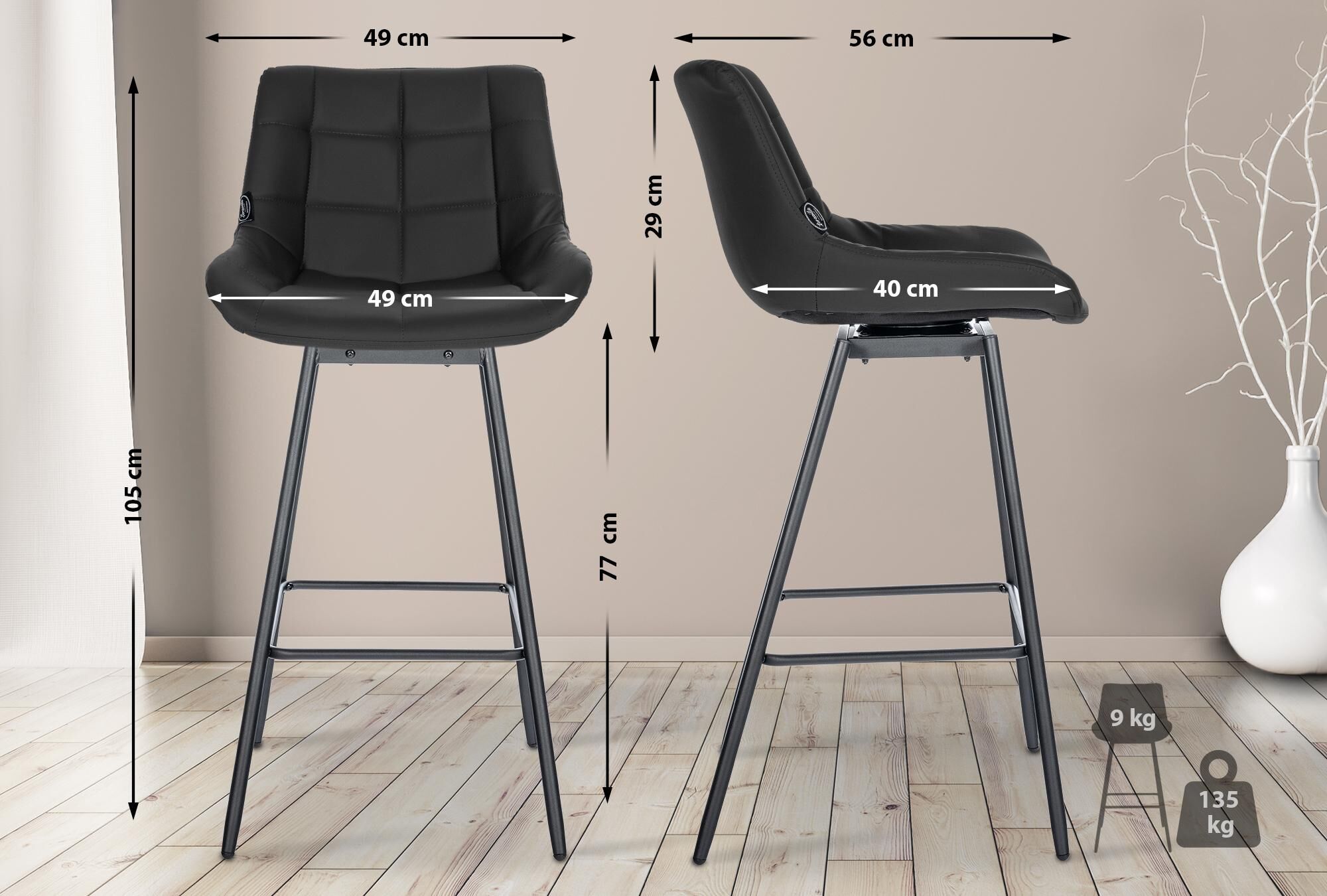 4er Set Barhocker Weston Schwenkbar Kunstleder, schwarz