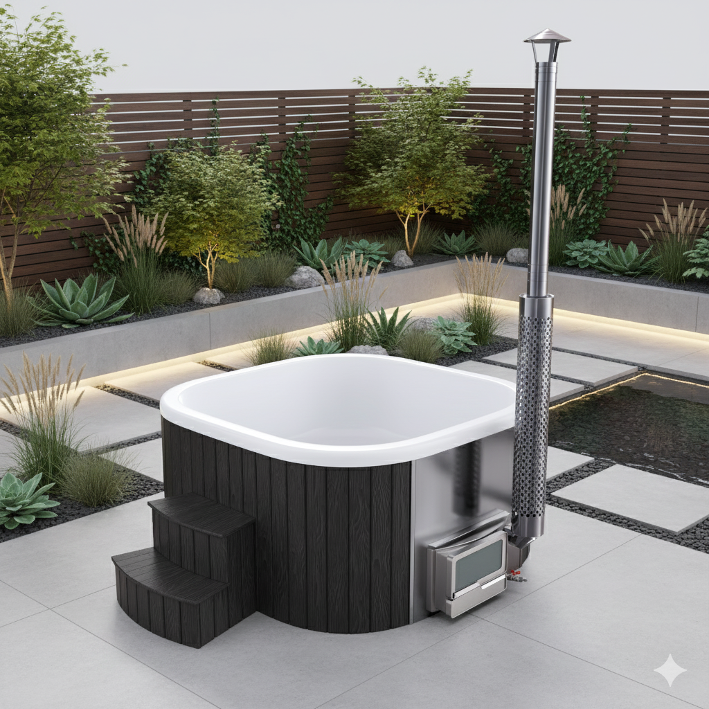 SPANOVA Hottub Quadratisch 200 WPC – Premium Badefass mit integriertem Horizon Holzofen & Acryl-Einsatz