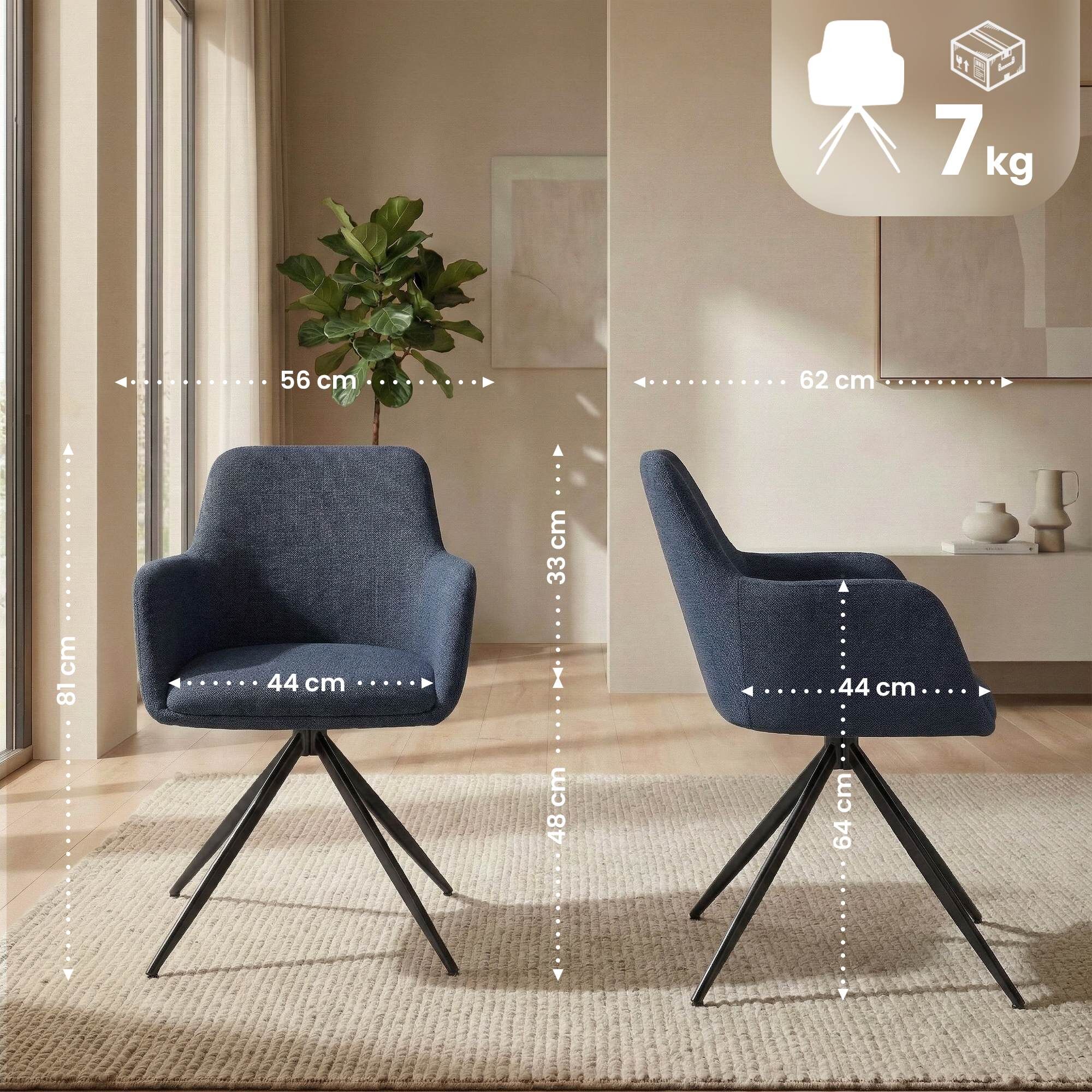 2er Set Esszimmerstuhl Olema Stoff, blau