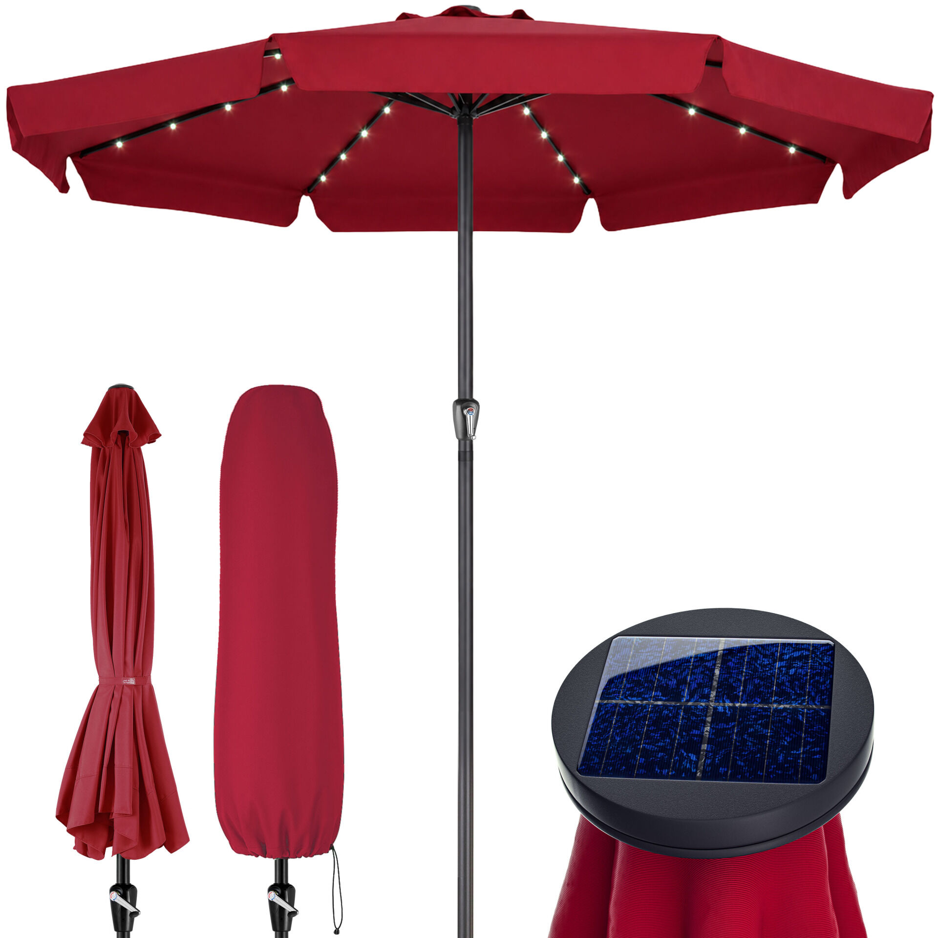 LED Solar Sonnenschirm Athen Rot Ø330cm UV-Schutz 80+
