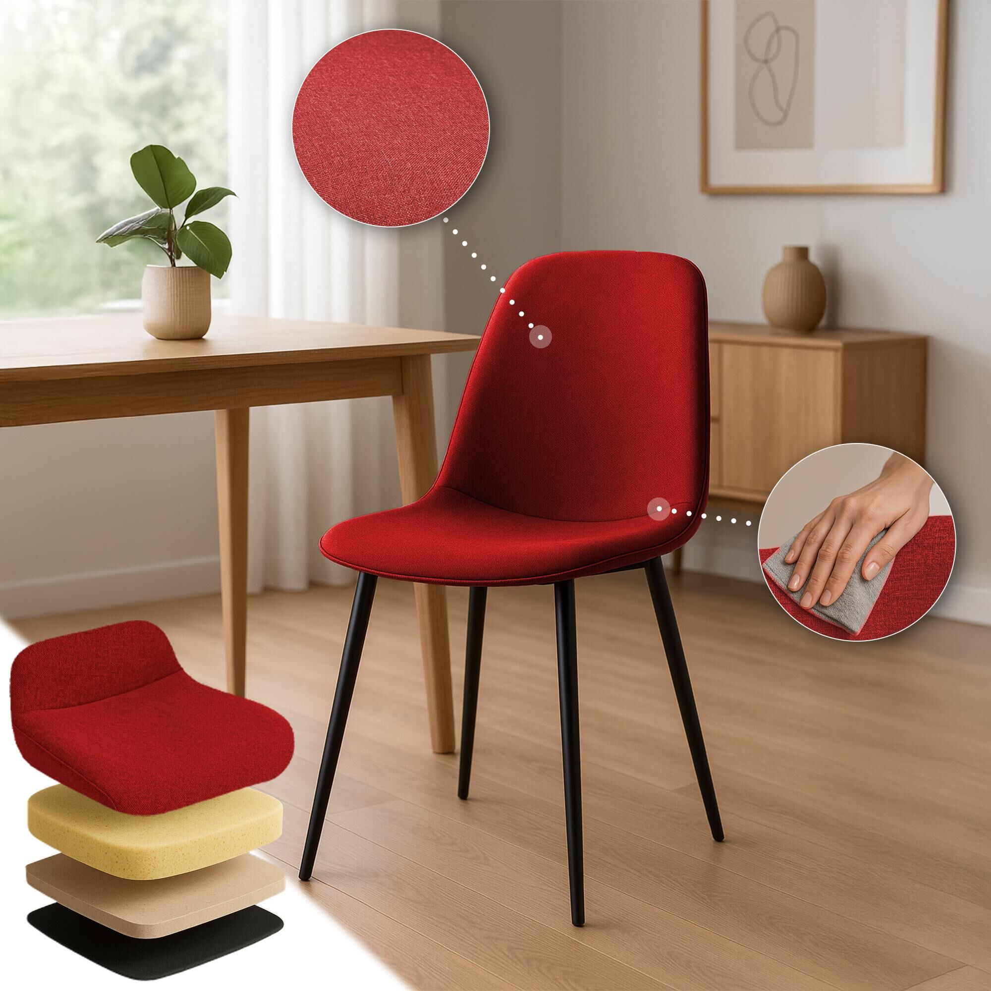 4er Set Esszimmerstuhl Maryam Stoff, rot