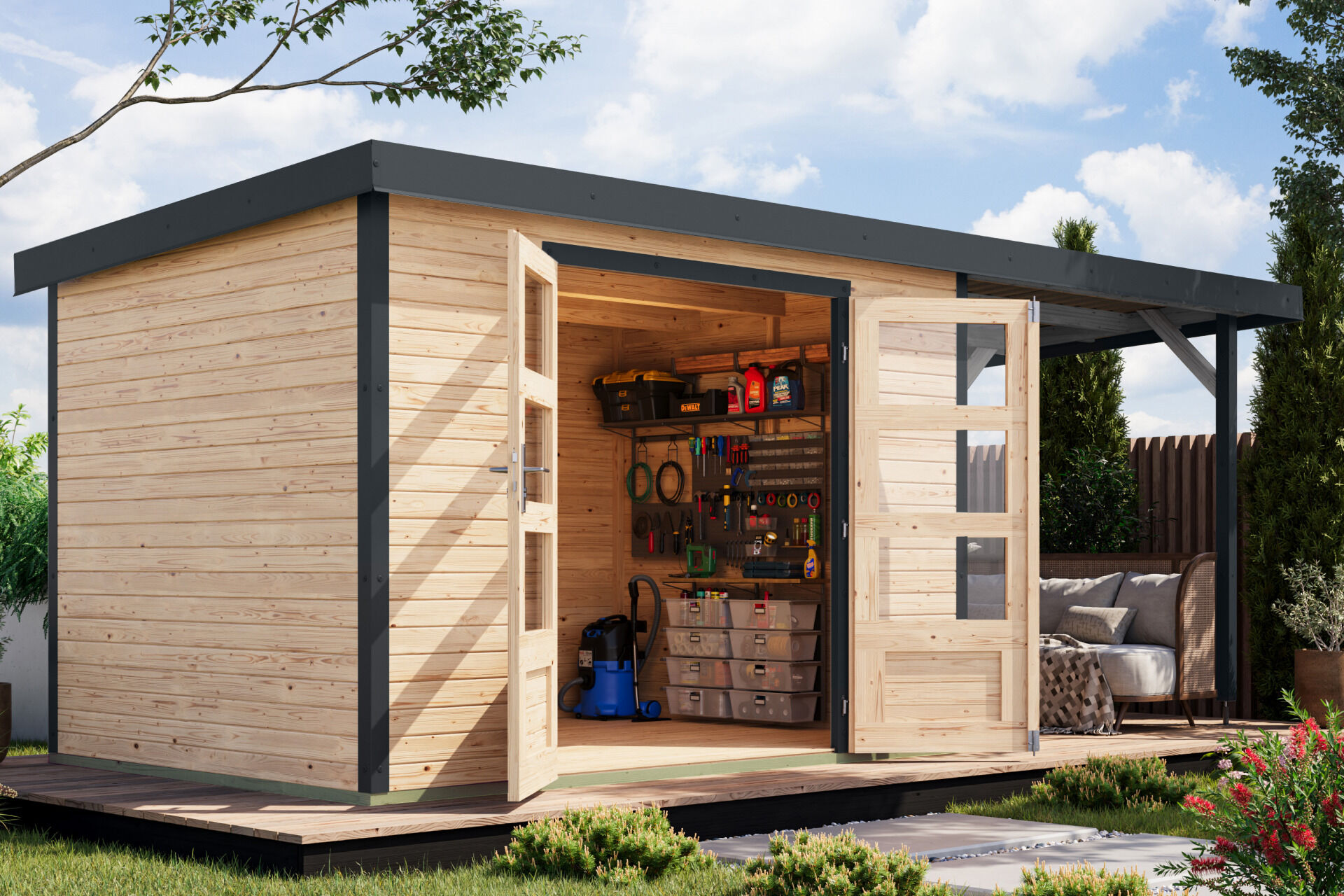 Karibu Pultdach Holz & Metall Gartenhaus Jupiter 4 Set mit Anbaudach 2,35 m, naturbelassen / graualuminium