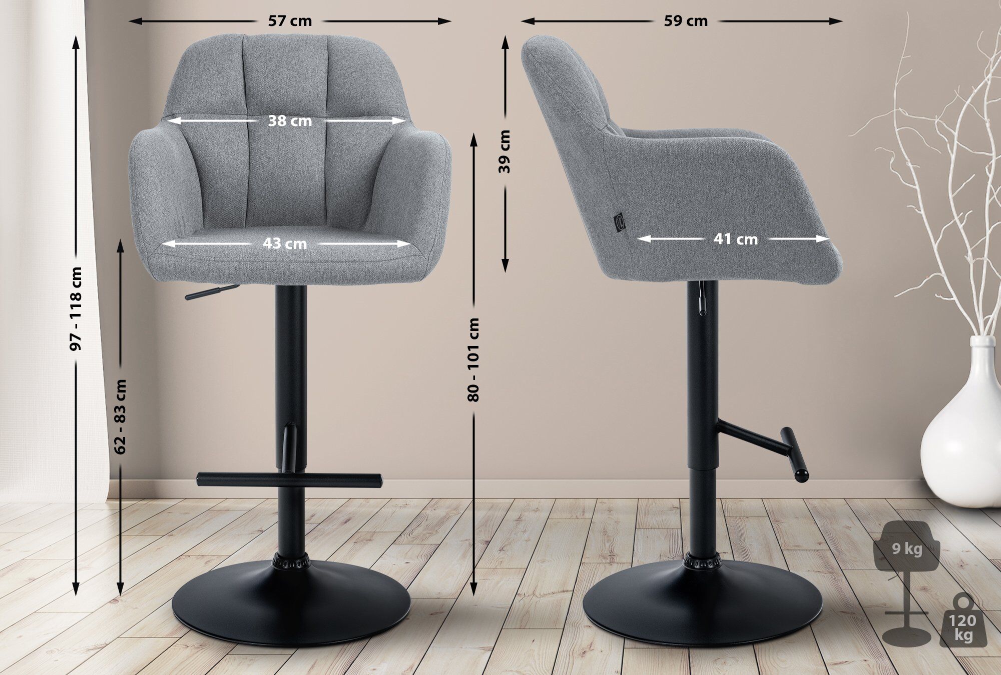 Barhocker Natoma Stoff schwarz, grau