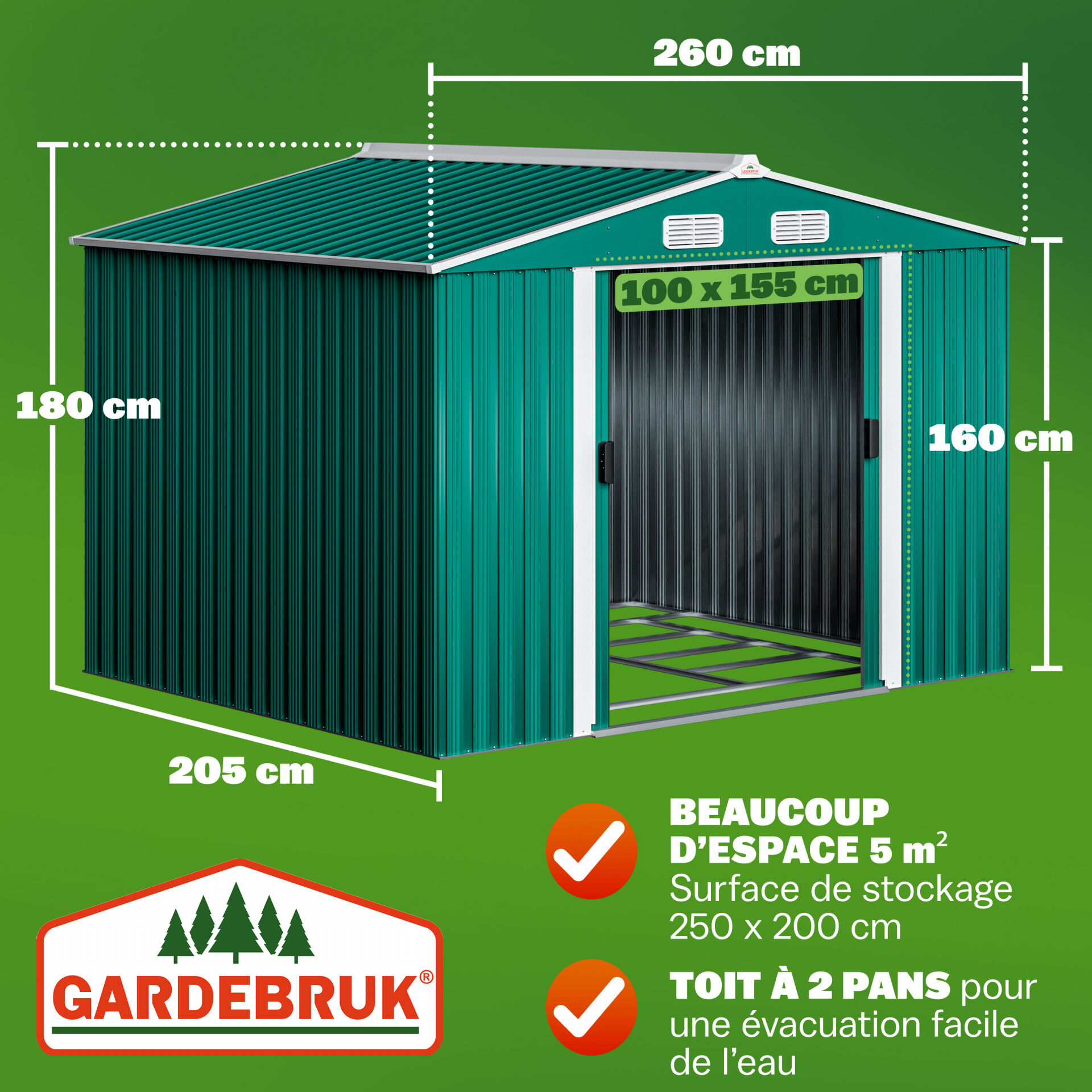 Geräteschuppen Grün 260x205x180cm 5m² verzinkter Bodenkranz Schiebetür