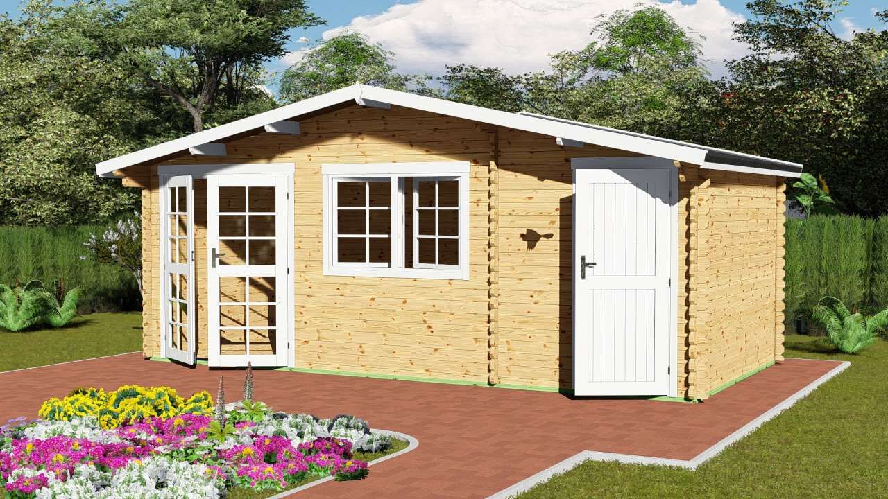 Blockhaus Holz-Gartenhaus mit Abstellraum und Spiegelmontage