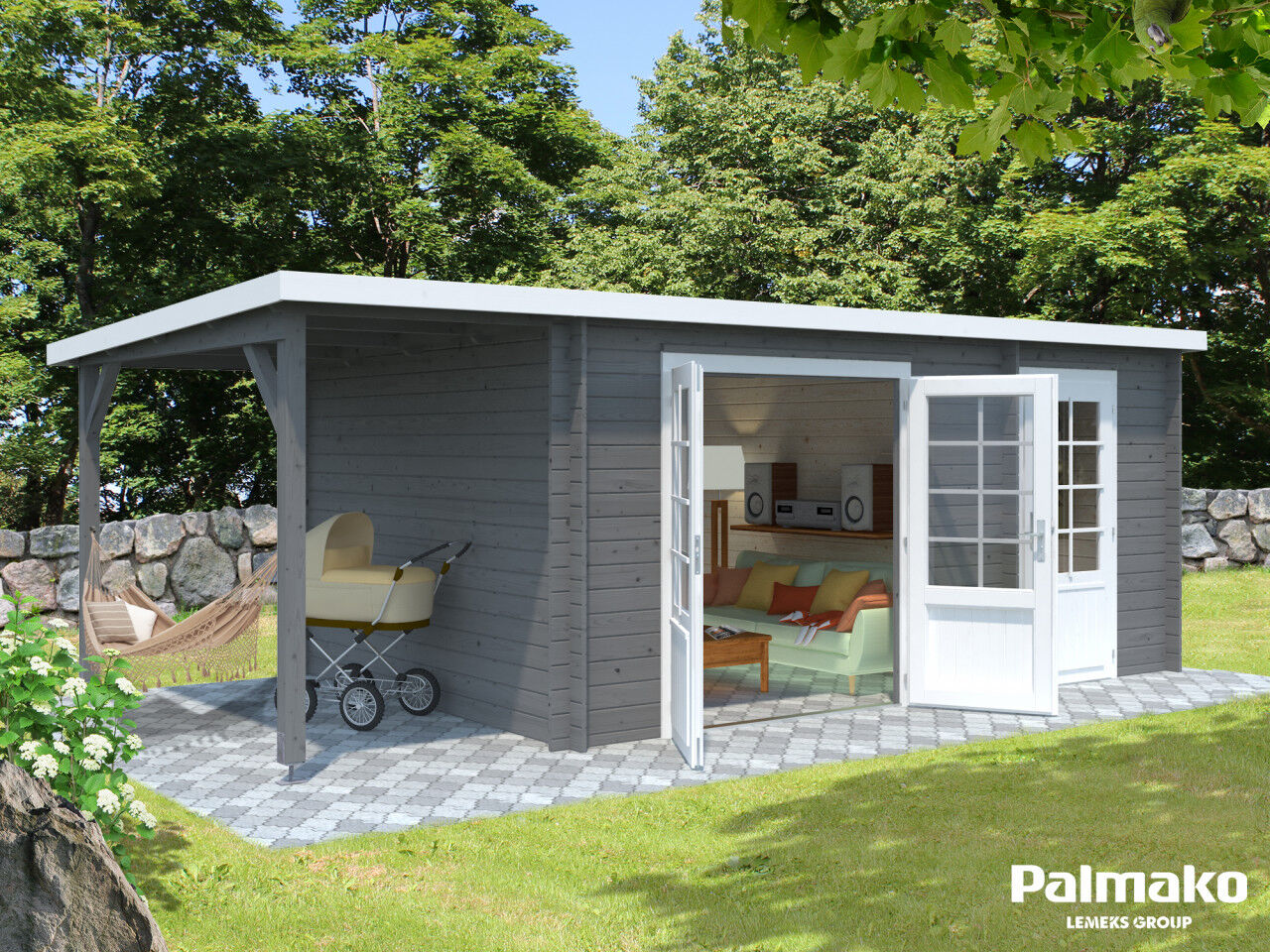 Flachdach Palmako Gartenhaus Ella 13,1+3,9 m²