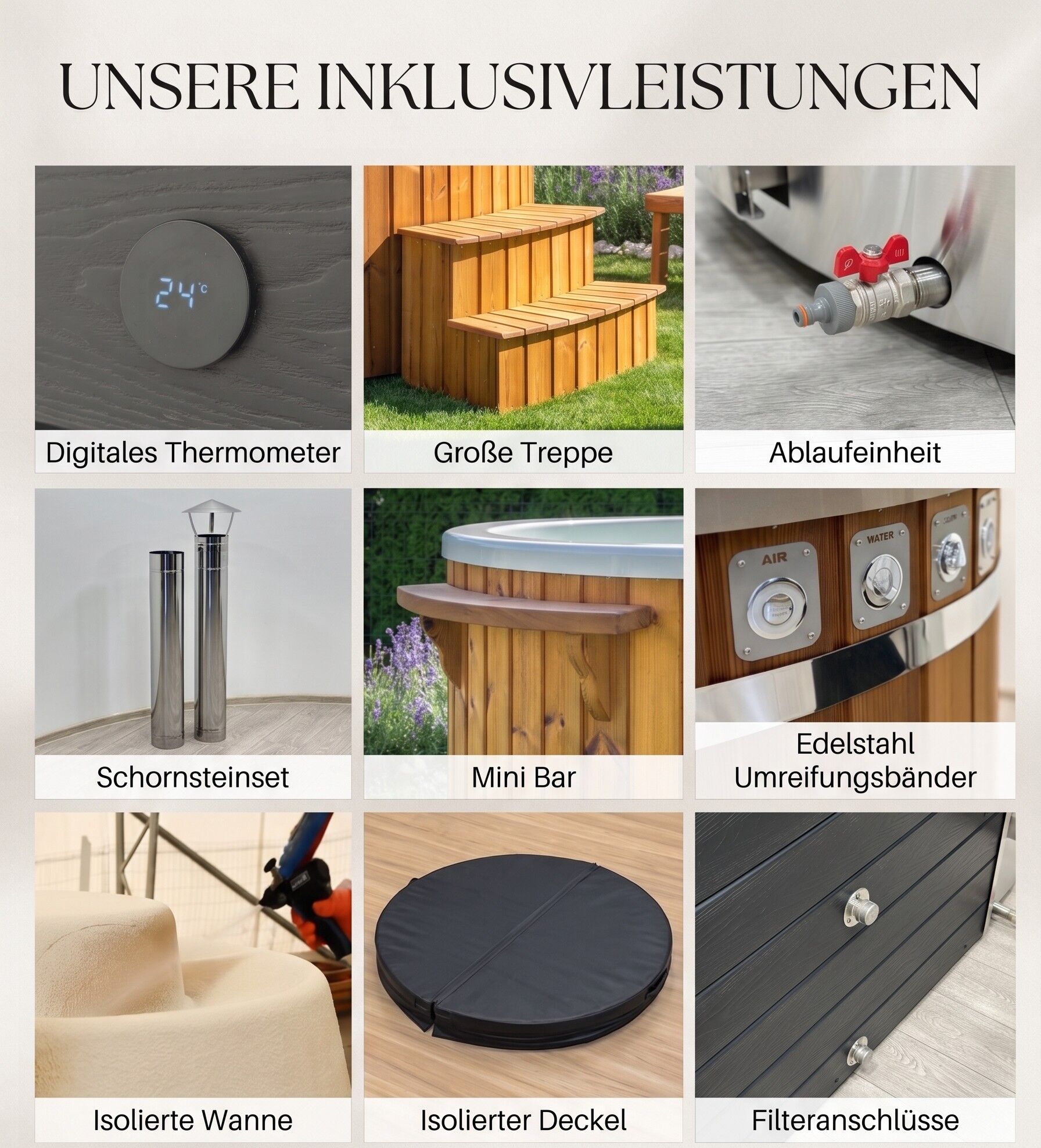 SPANOVA Hot Tub Premium 200 – Badefass mit HORIZON Holzofen, WPC & Acrylwanne, Grau, V2A Edelstahlofen