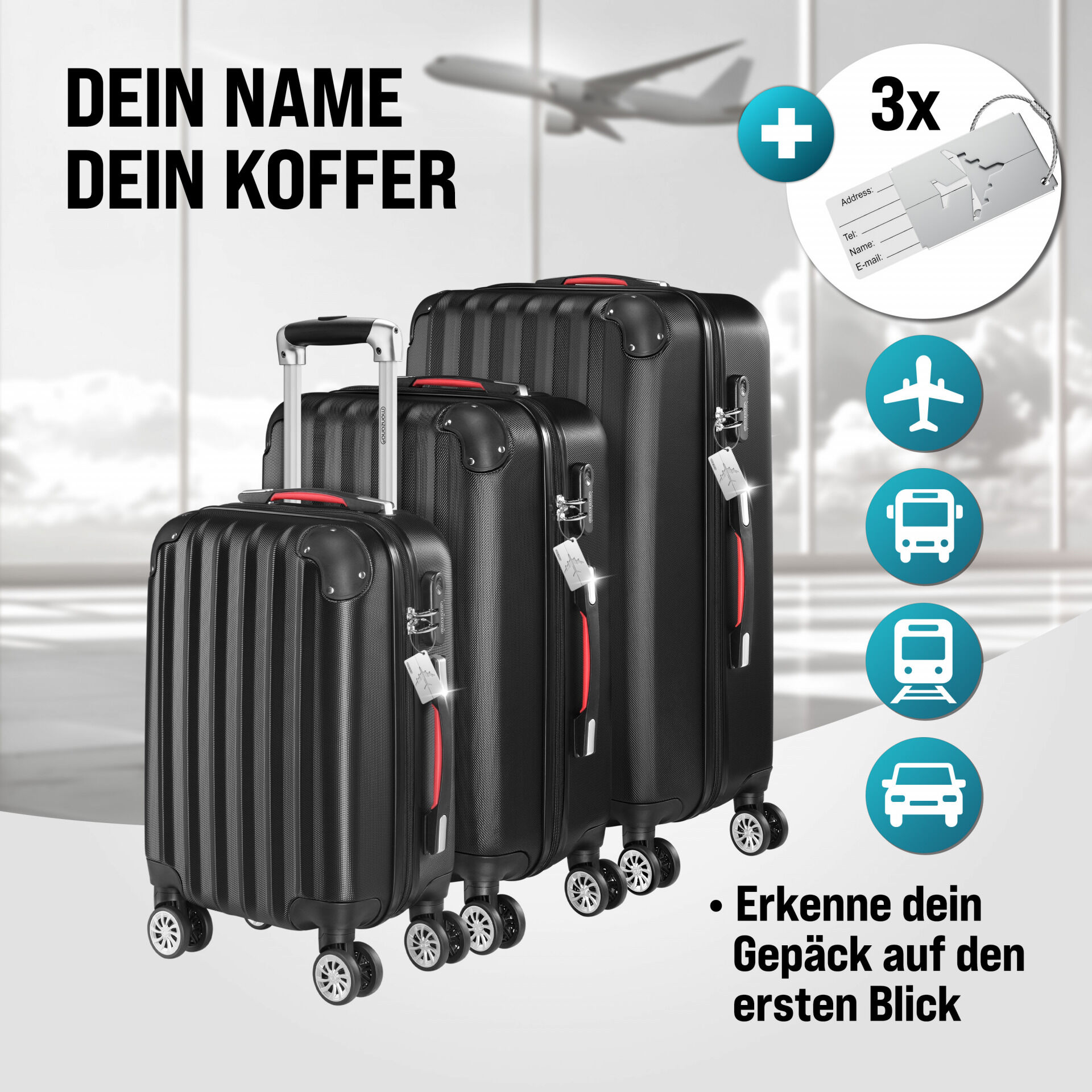 Hartschalenkoffer Set 3-tlg mit Zubehör Rollen 360º Schwarz ABS