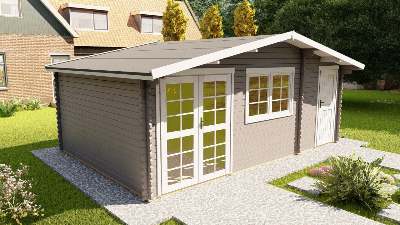 Holz-Blockhaus mit überdachter Terrasse und 40 mm Blockbohlen im Garten