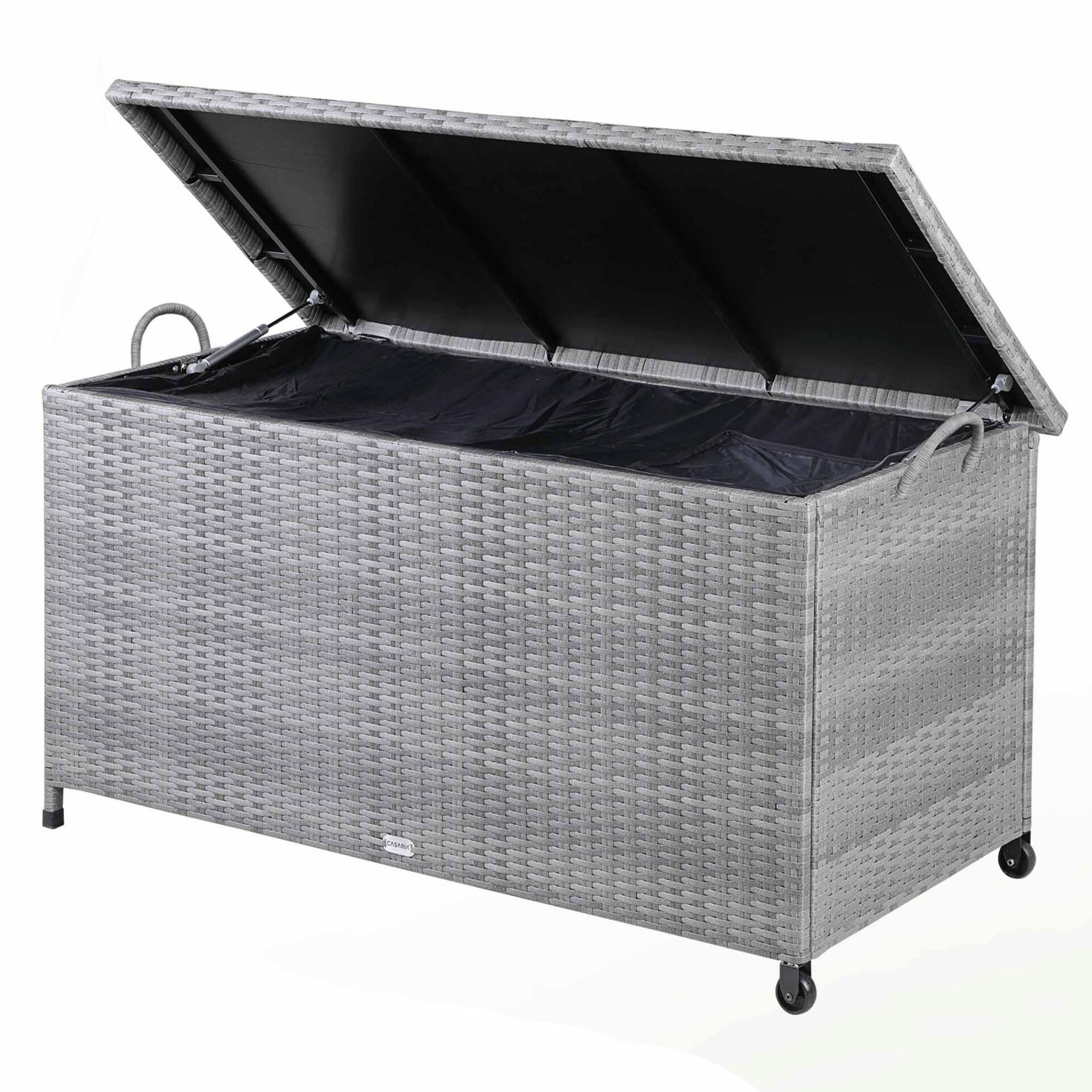 Gartenbox Polyrattan Grau 117x53x60cm mit Griffen + Rollen