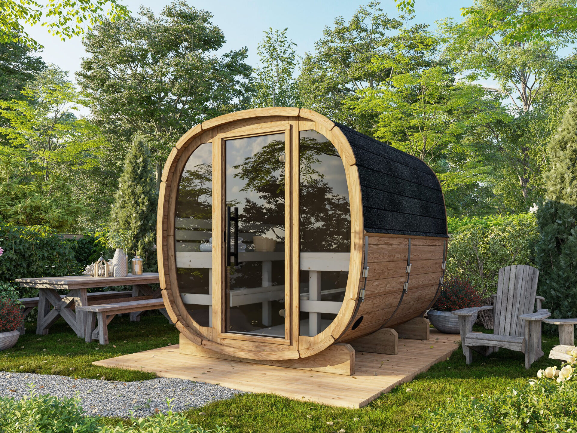 Palmako Fasssauna Astra 2,0 Thermoholz mit Glasfront