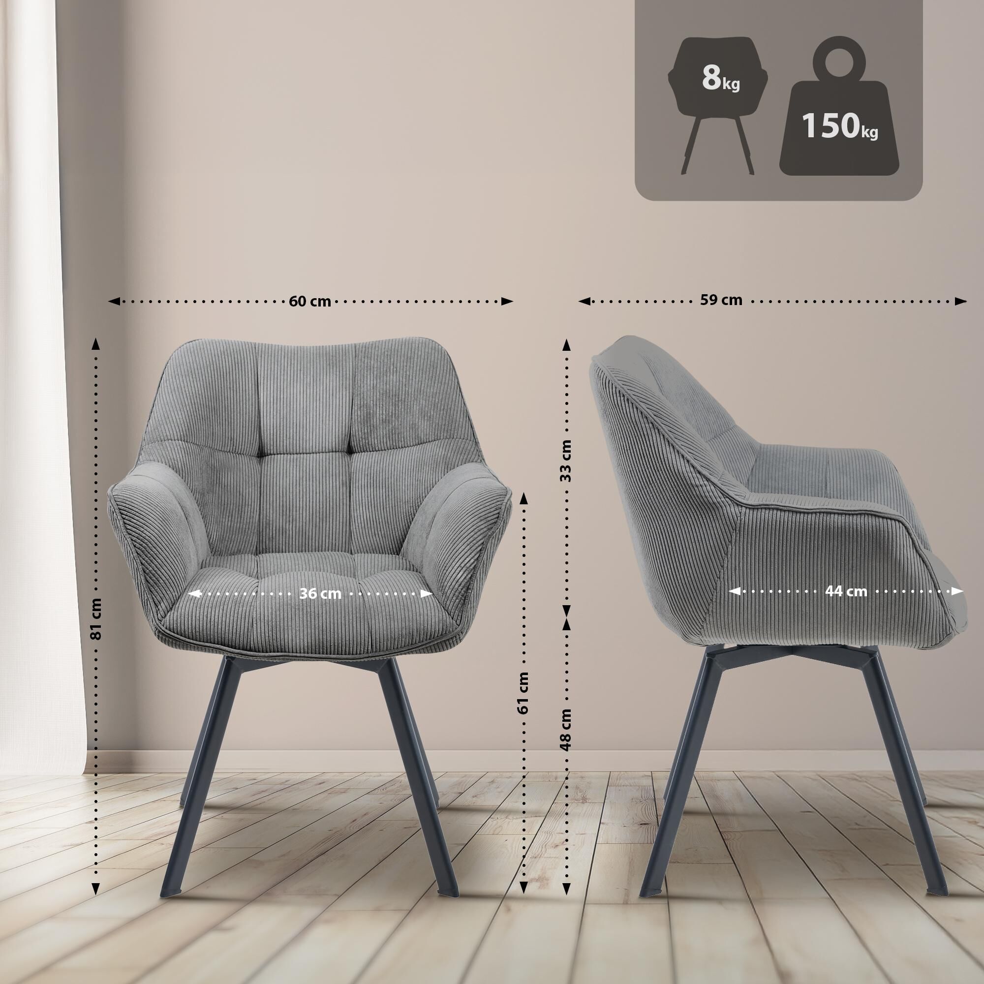 Esszimmerstuhl Jordi Cord, grau