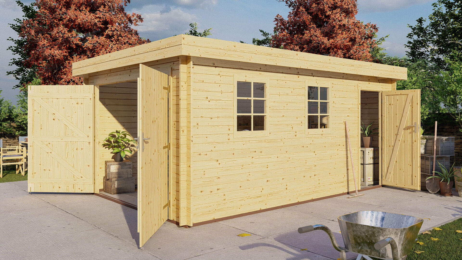 Flachdach Holzgarage Schweden 51 – 28 mm Blockbohlen Garage mit Seitentür & Doppeltor