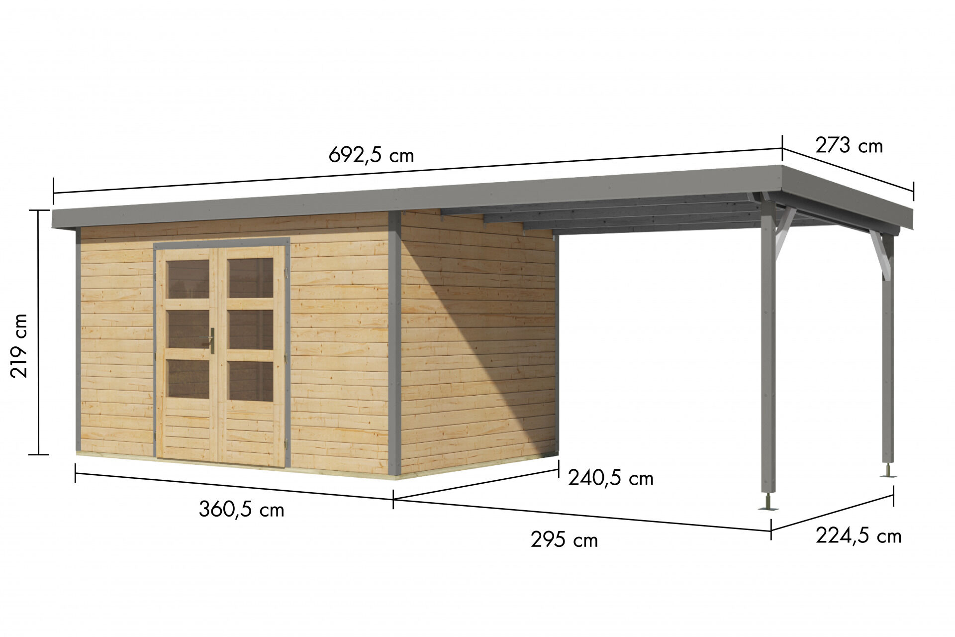 Karibu Pultdach Holz & Metall Gartenhaus Pluto 7 Set mit Anbaudach 3,07 m, naturbelassen / graualuminium