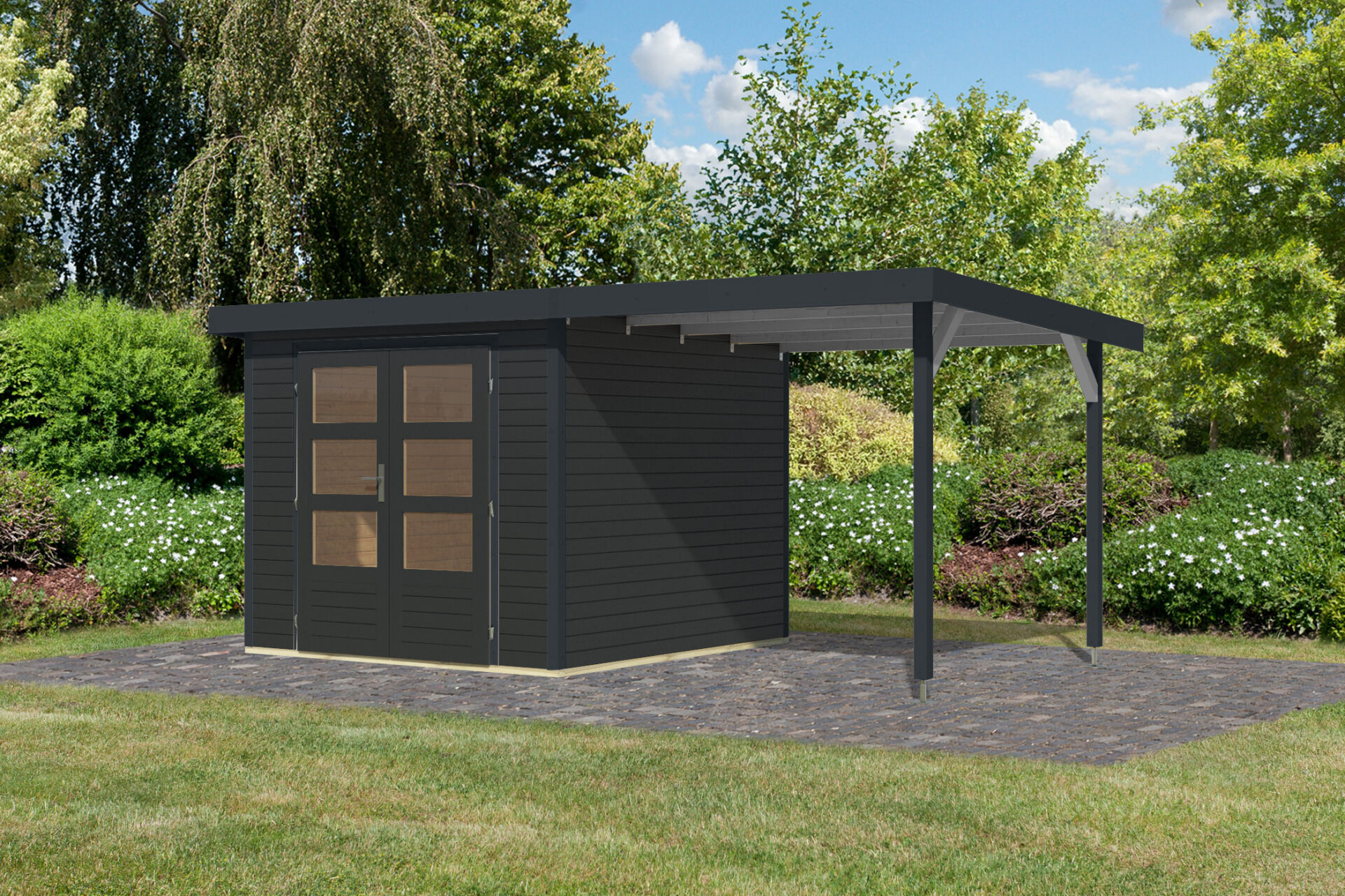 Karibu Pultdach Holz & Metall Gartenhaus Jupiter 3,5 Set mit Anbaudach 2,35 m, naturbelassen / graualuminium