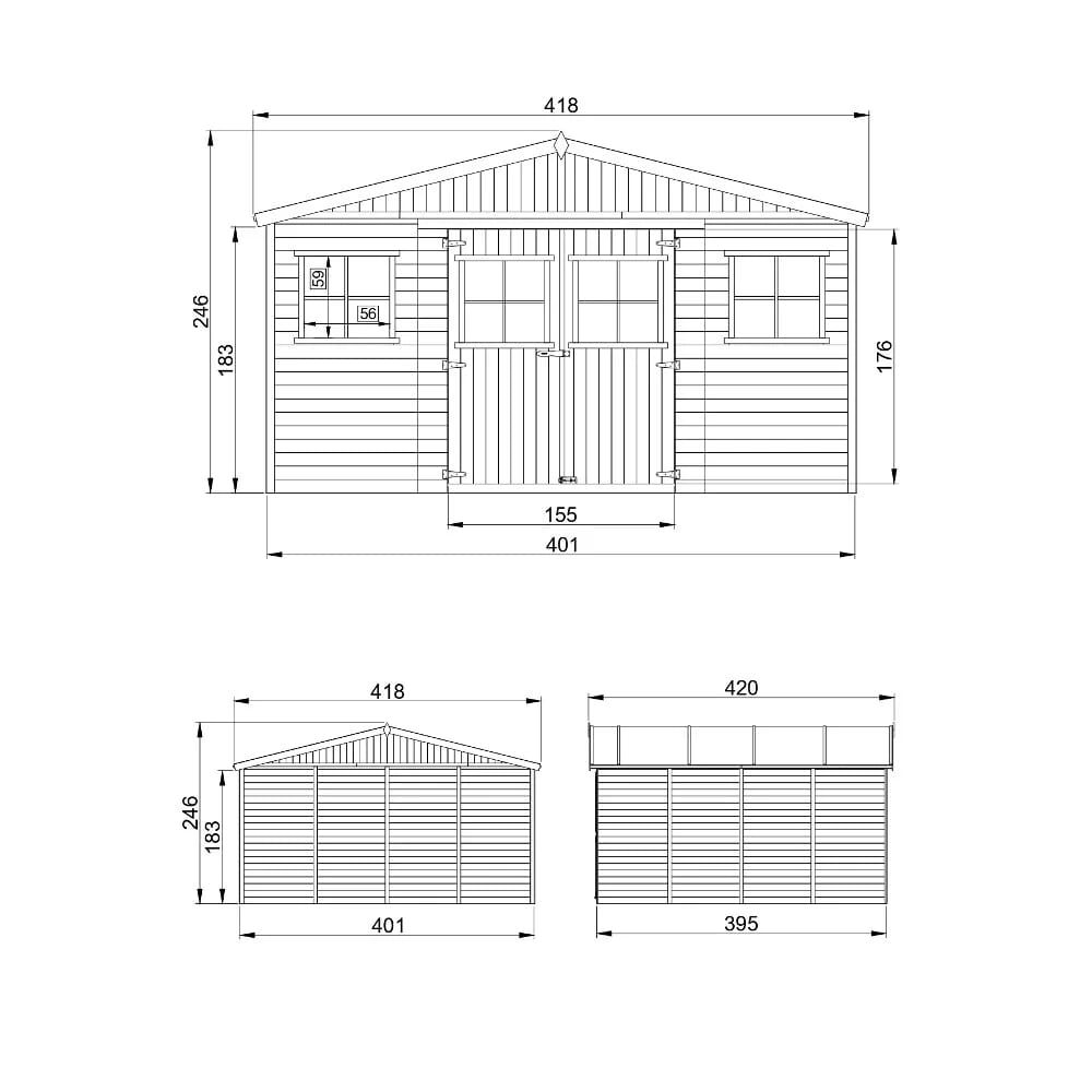 Gartenhaus Alwin M330 Zeichnung mit Abmessungen
