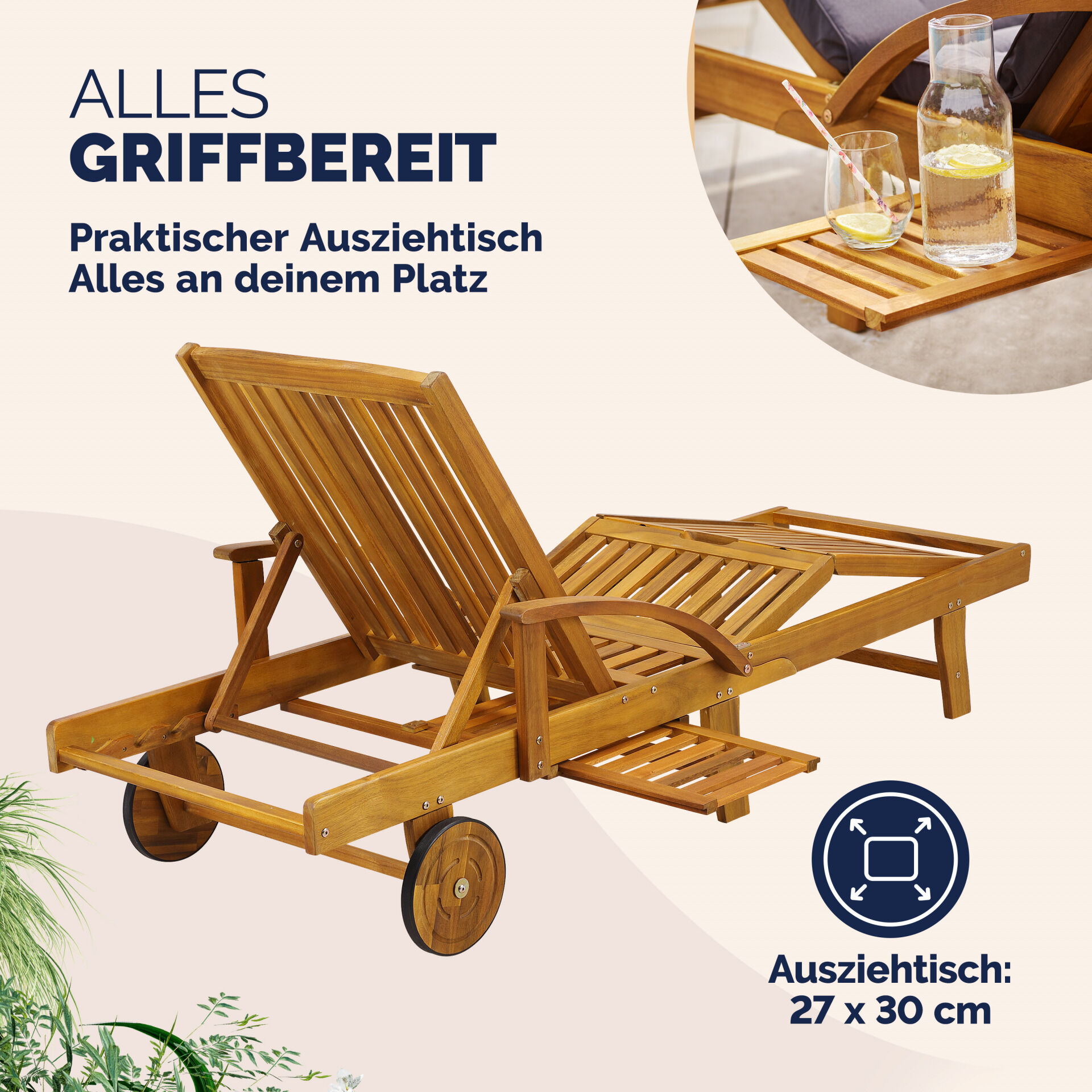 Gartenliege klappbar verstellbar Akazienholz mit Ausziehtisch Rollen