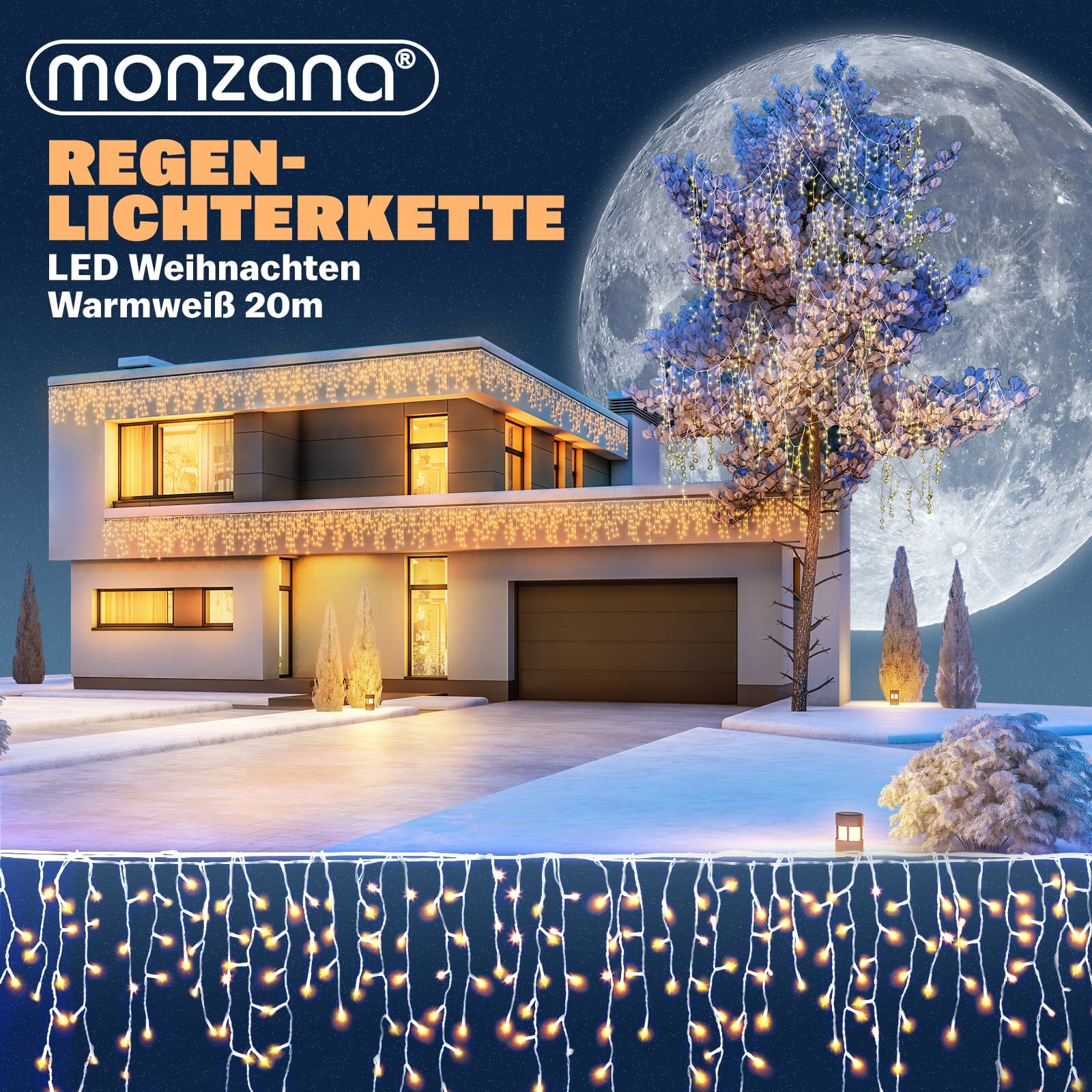 Regenlichterkette LED Warmweiß 20m Fernbedienung