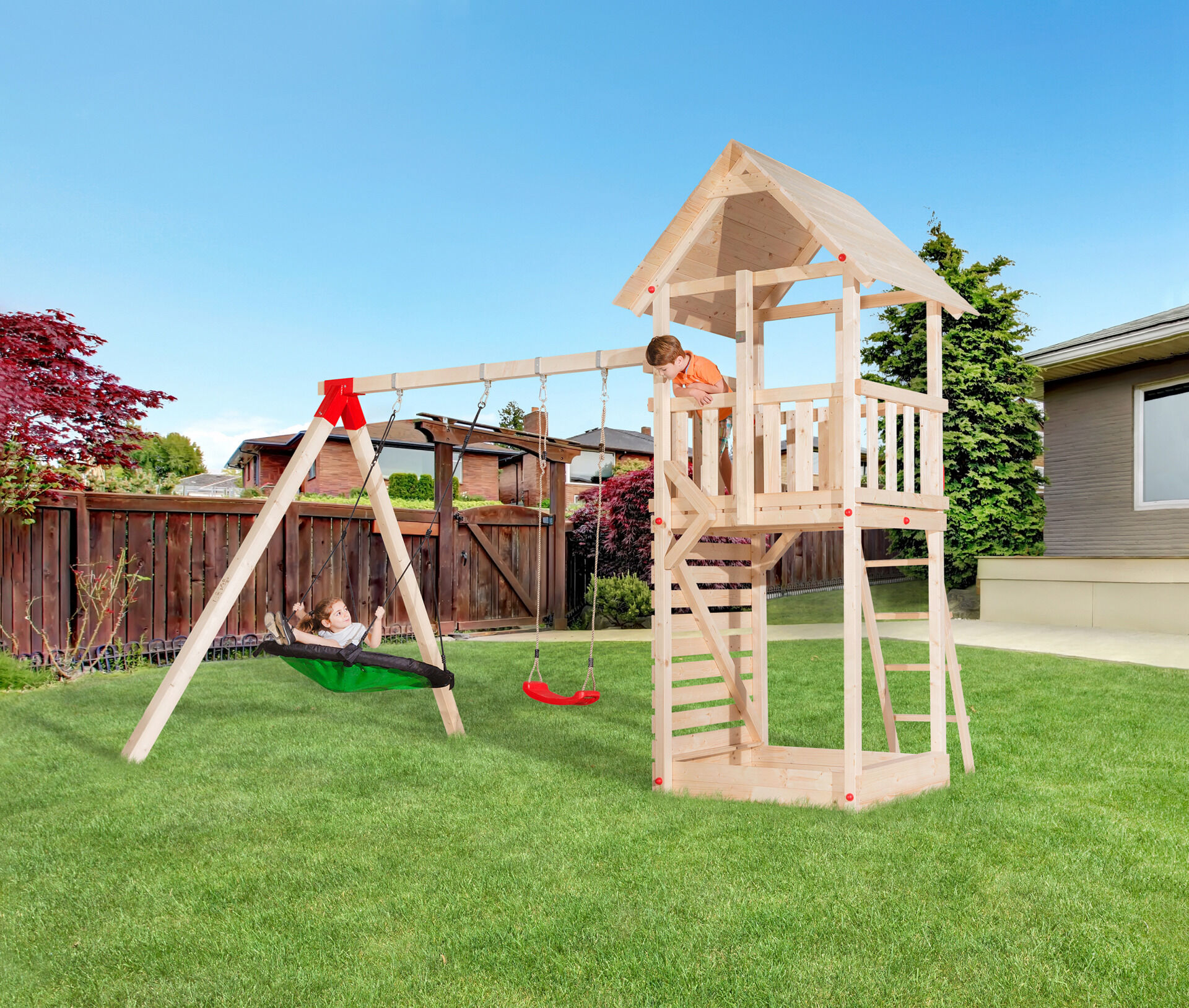 Tabaluga Drachenturm mit Satteldach, natur, Sparset inkl. Anbauschaukel mit Nestschaukel, grün-schwarzer Bezug, Einzelschaukel, Sandkasten