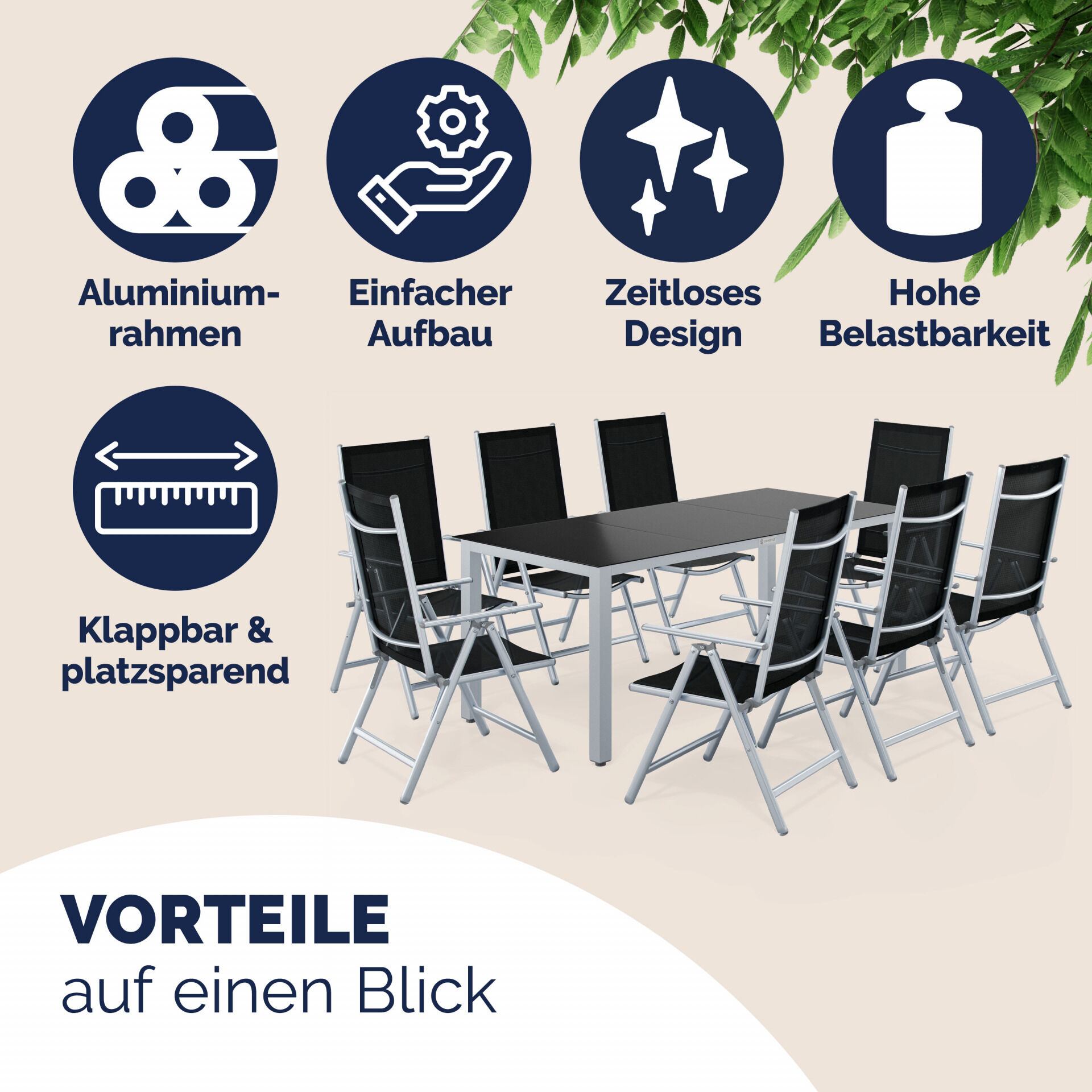 Gartensitzgruppe Bern 9-tlg 8 Personen Silber Alu Schwarz Glas
