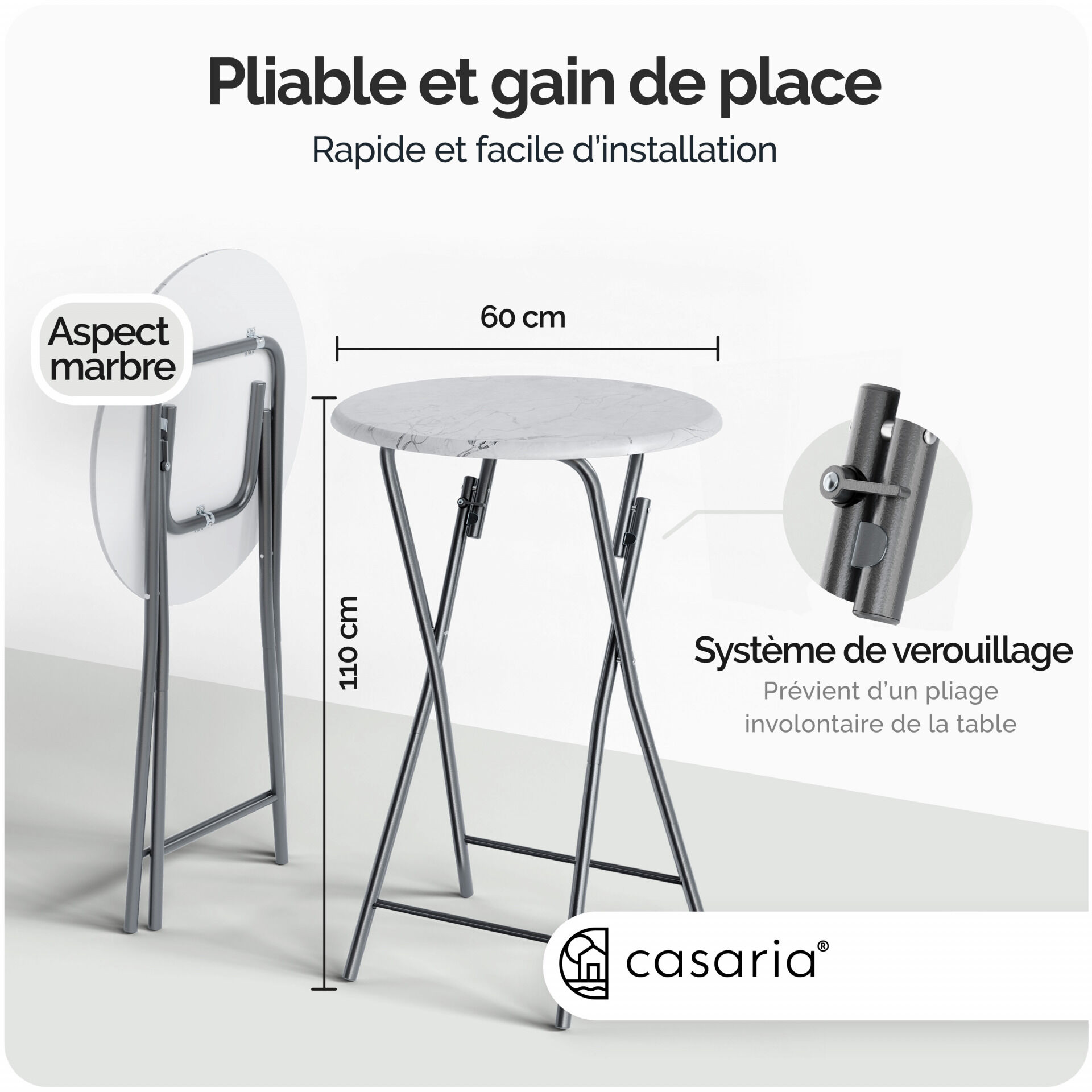 Stehtisch klappbar Ø60cm Marmoroptik Weiß 110cm Höhe