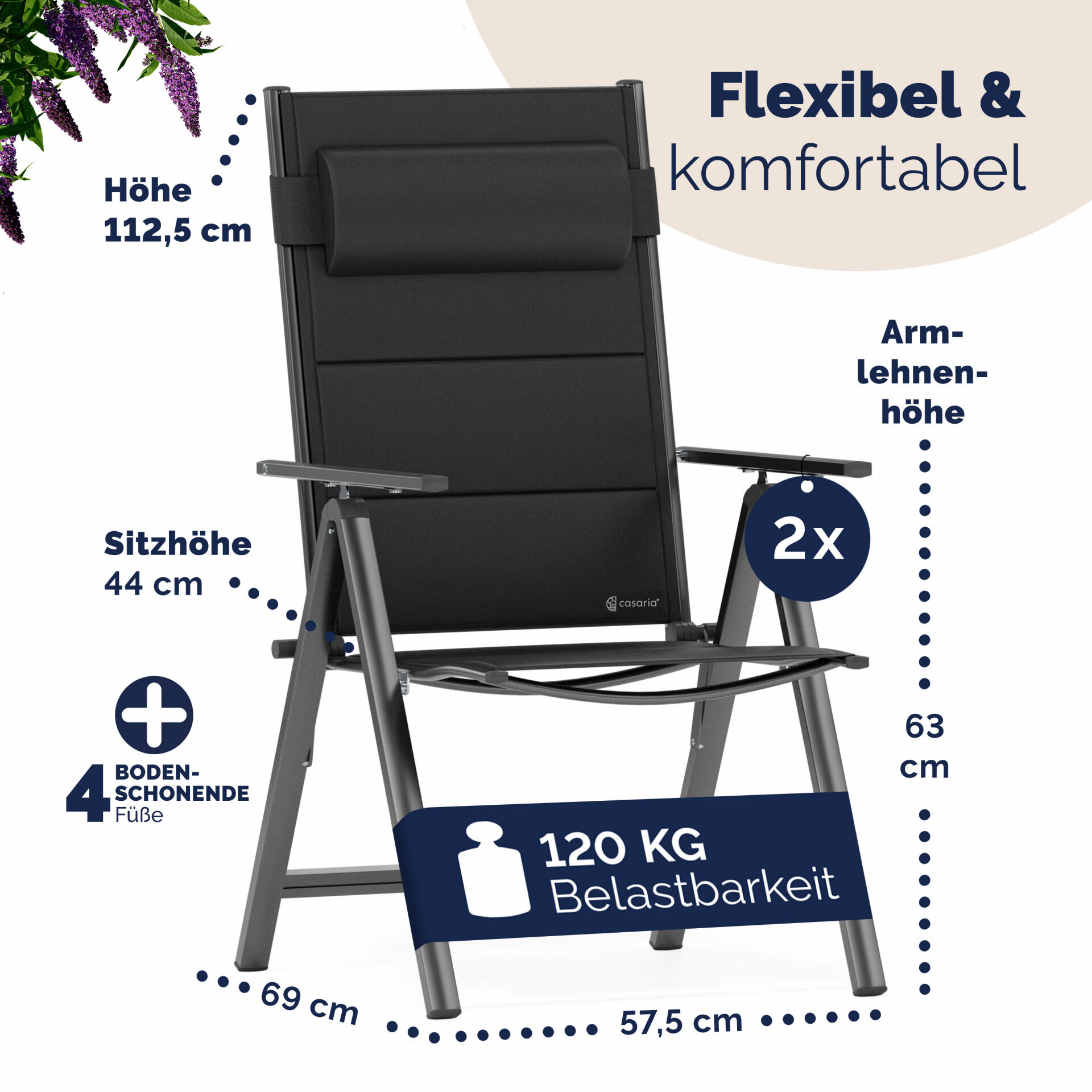 Gartenstuhl Hochlehner klappbar Bern Premium 2er-Set Anthrazit Alu gepolstert + verstellbar