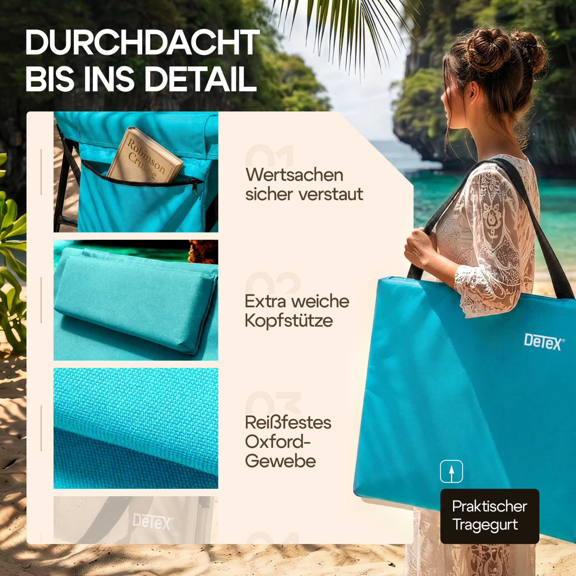 Strandmatte Türkis 158x56x46cm gepolstert