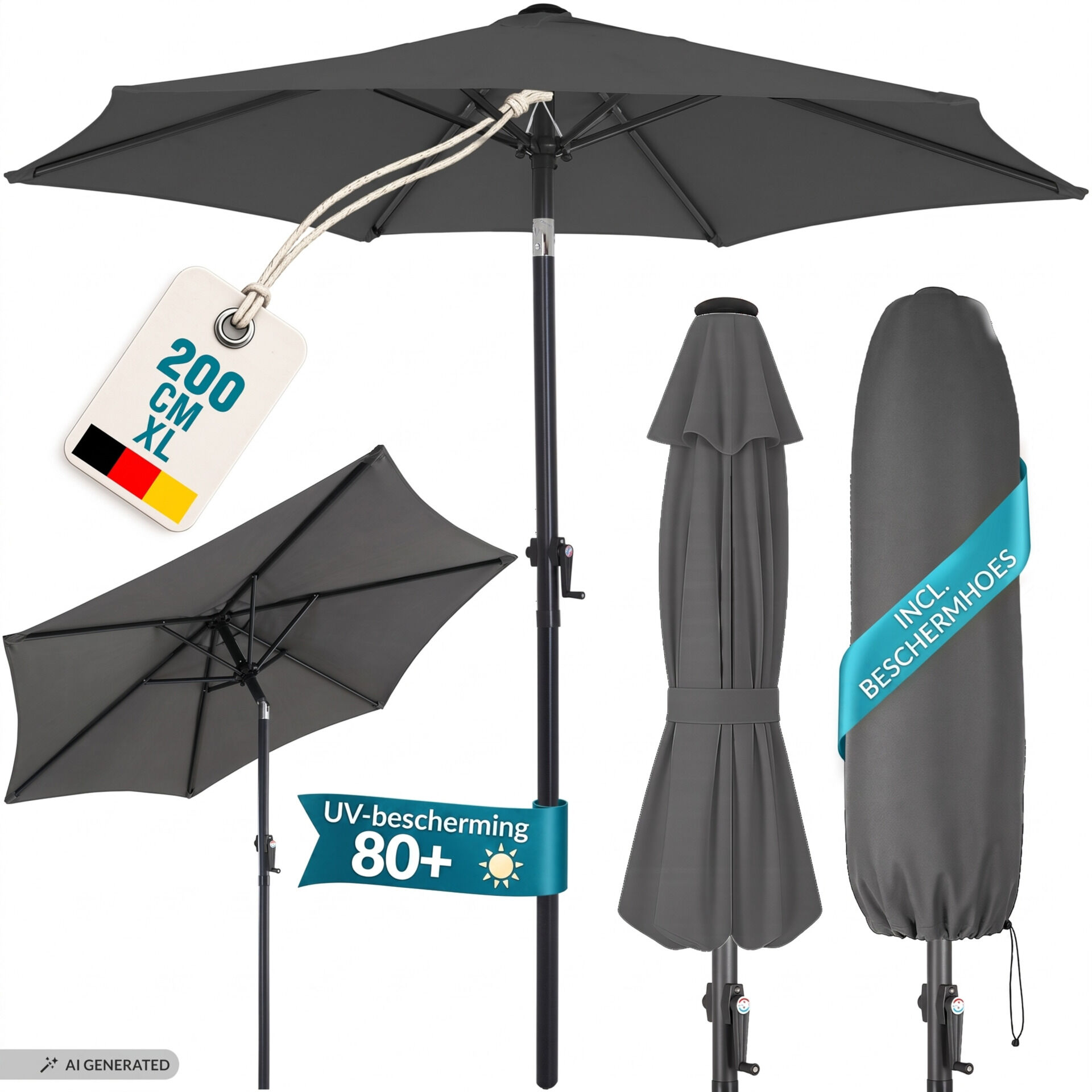 Sonnenschirm Fiji Anthrazit Ø200cm UV-Schutz 80+ mit Kurbel