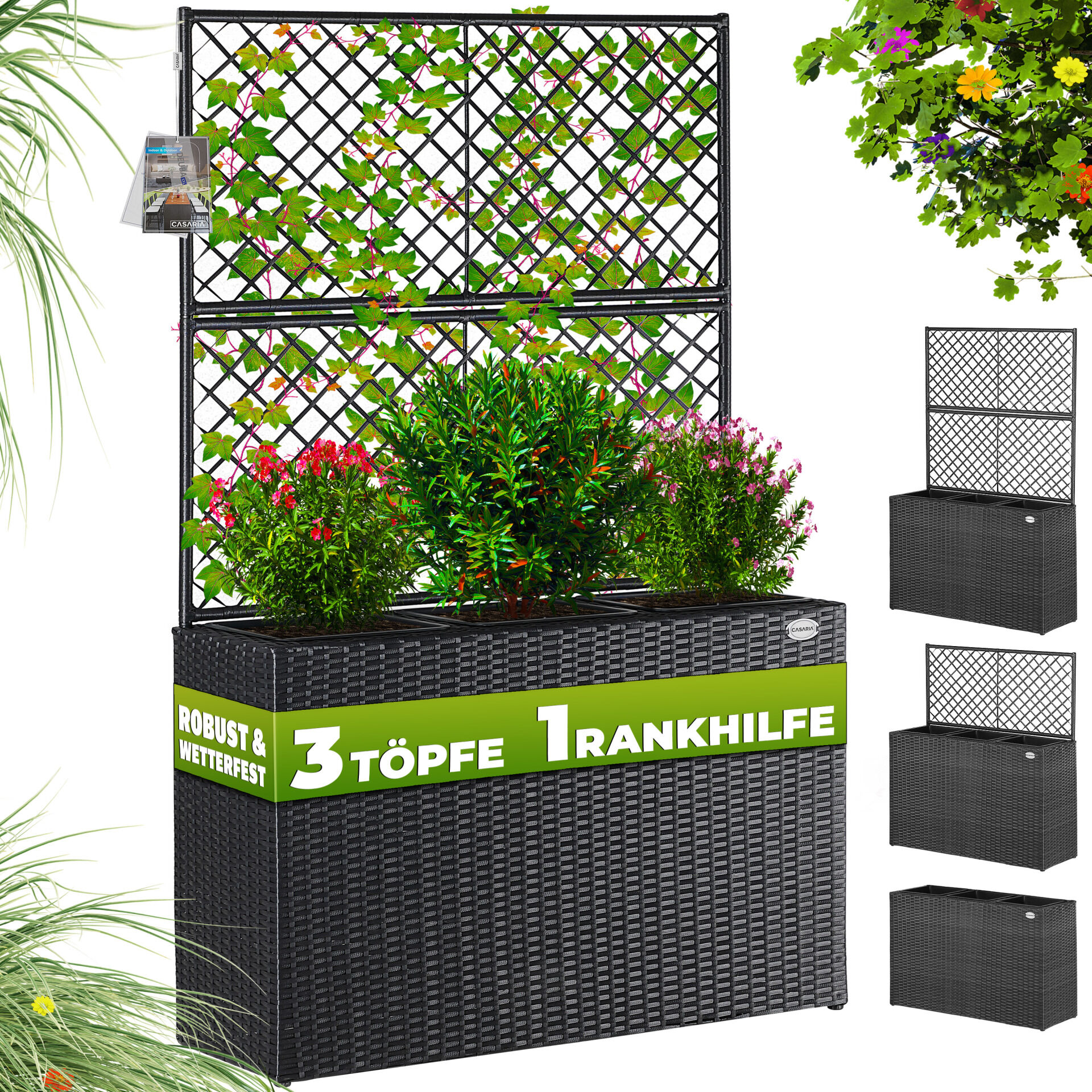 Polyrattan Blumenkasten mit Rankgitter Schwarz