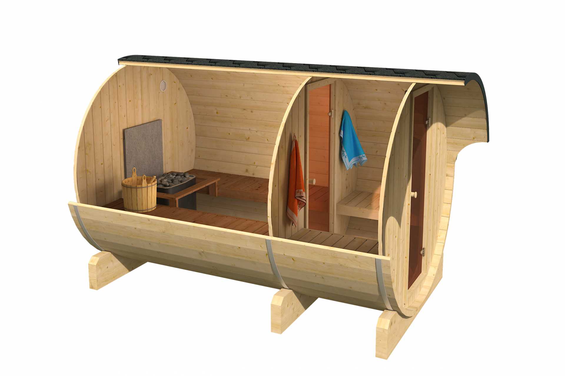 Finn Art Fass-Sauna Kari Innenansicht, Vorraum, Elektroofen, Wasserkübel, Aufgusskelle, seitliche Bänke