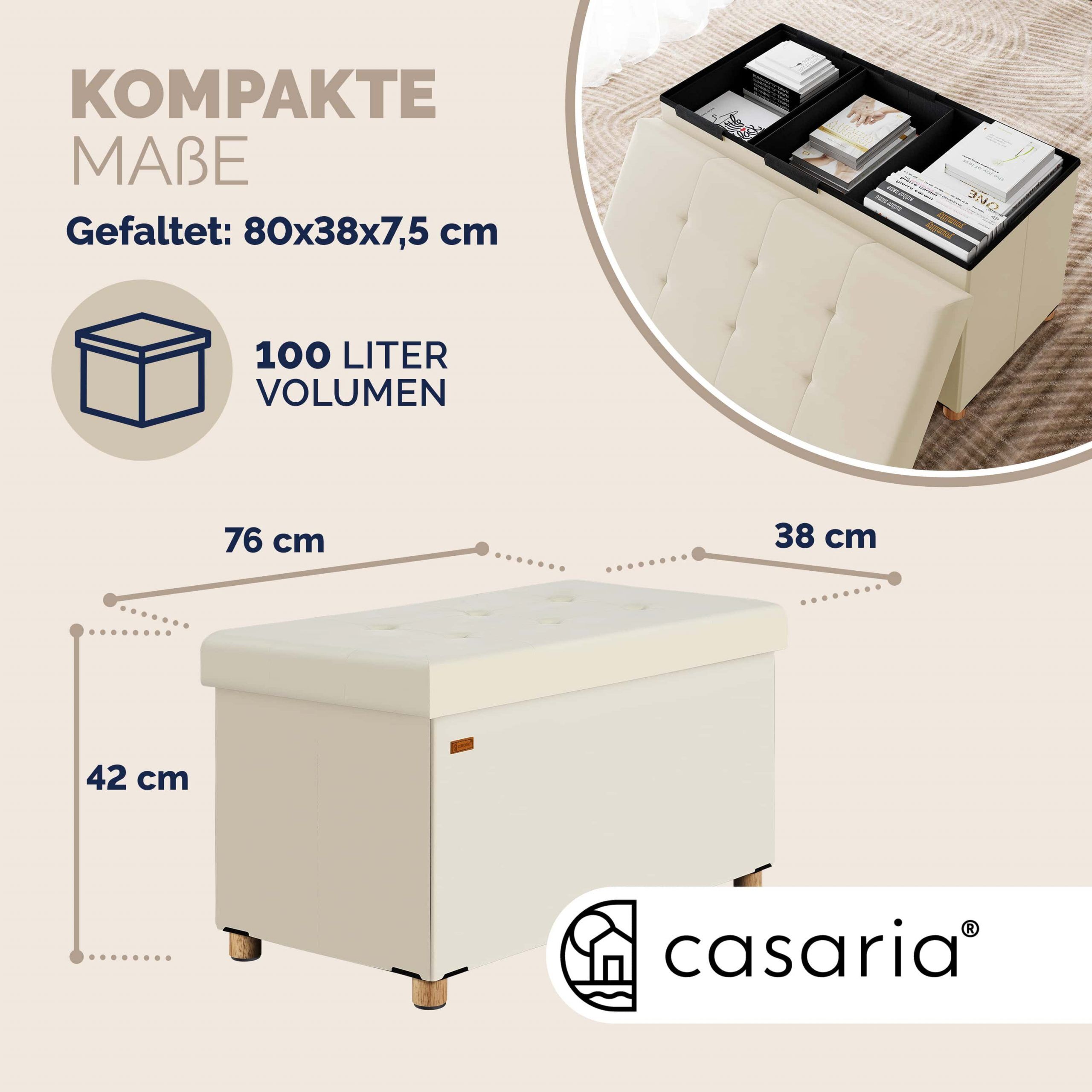 Sitzbank Beige Samt 76x38x42cm mit Stauraum faltbar