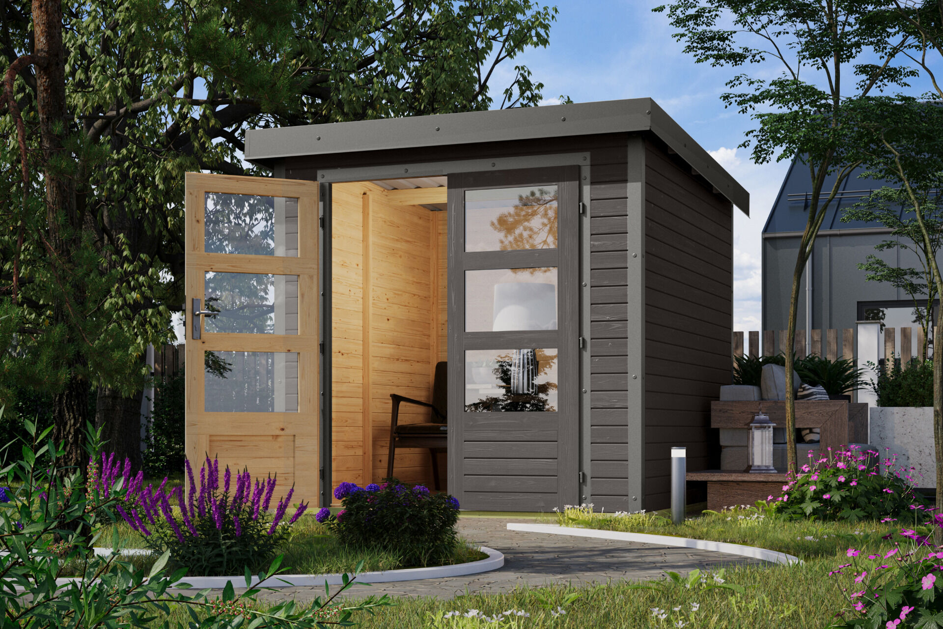 Karibu Pultdach Holz & Metall Gartenhaus Jupiter 2, naturbelassen / graualuminium
