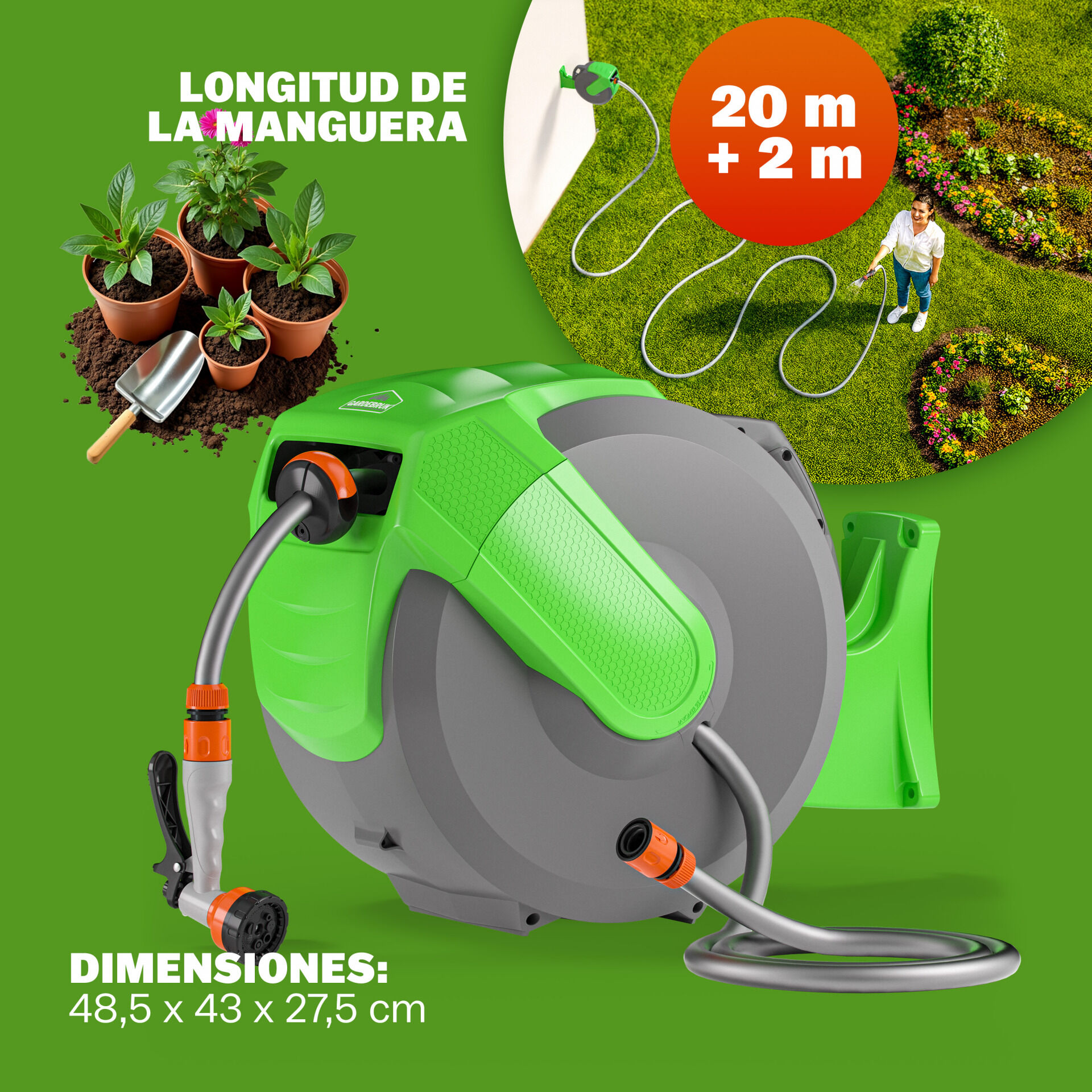 Wasserschlauchaufroller inkl Schlauchspritze 20m + 2m Zuleitung