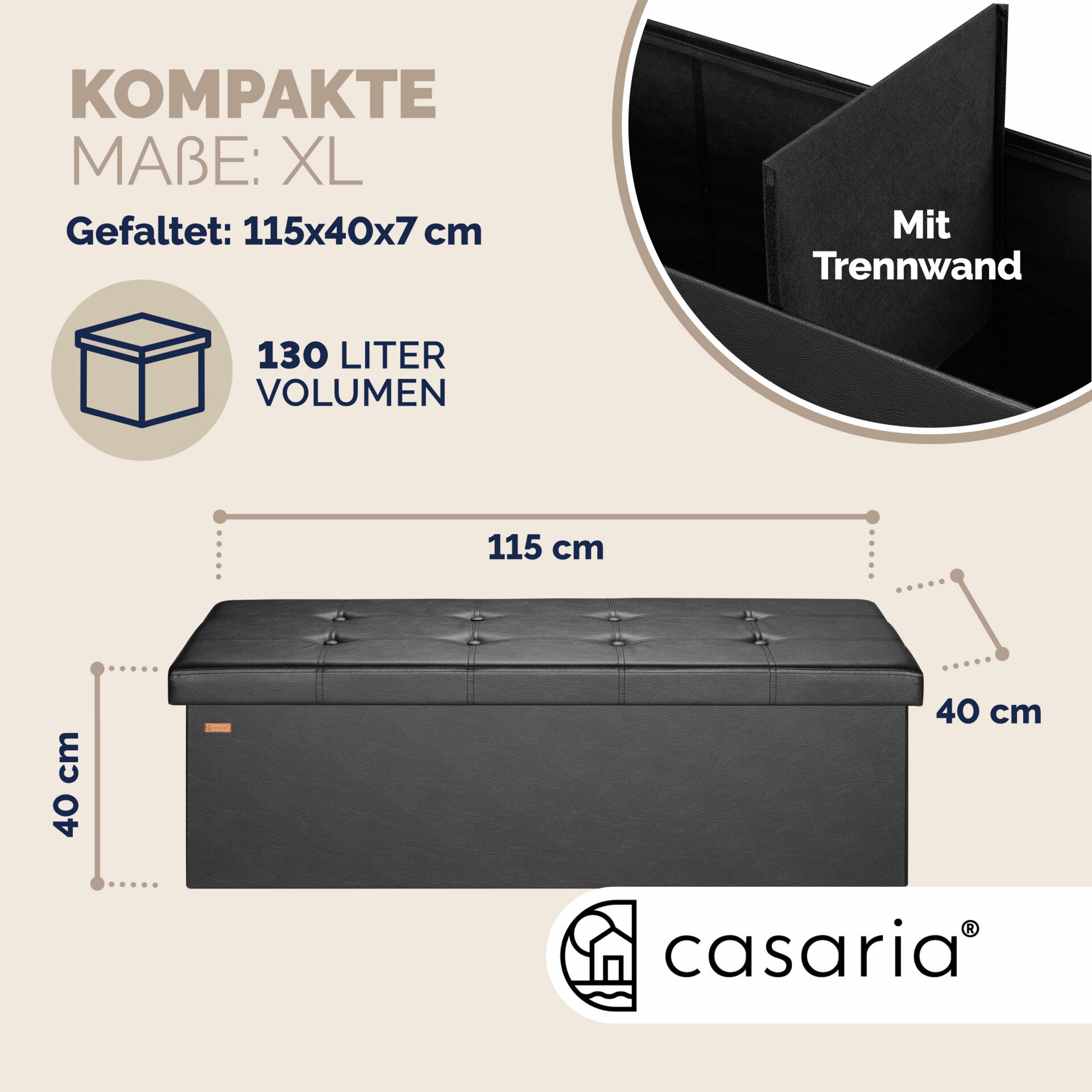 Sitzbank Schwarz 115x38x38cm mit Stauraum faltbar