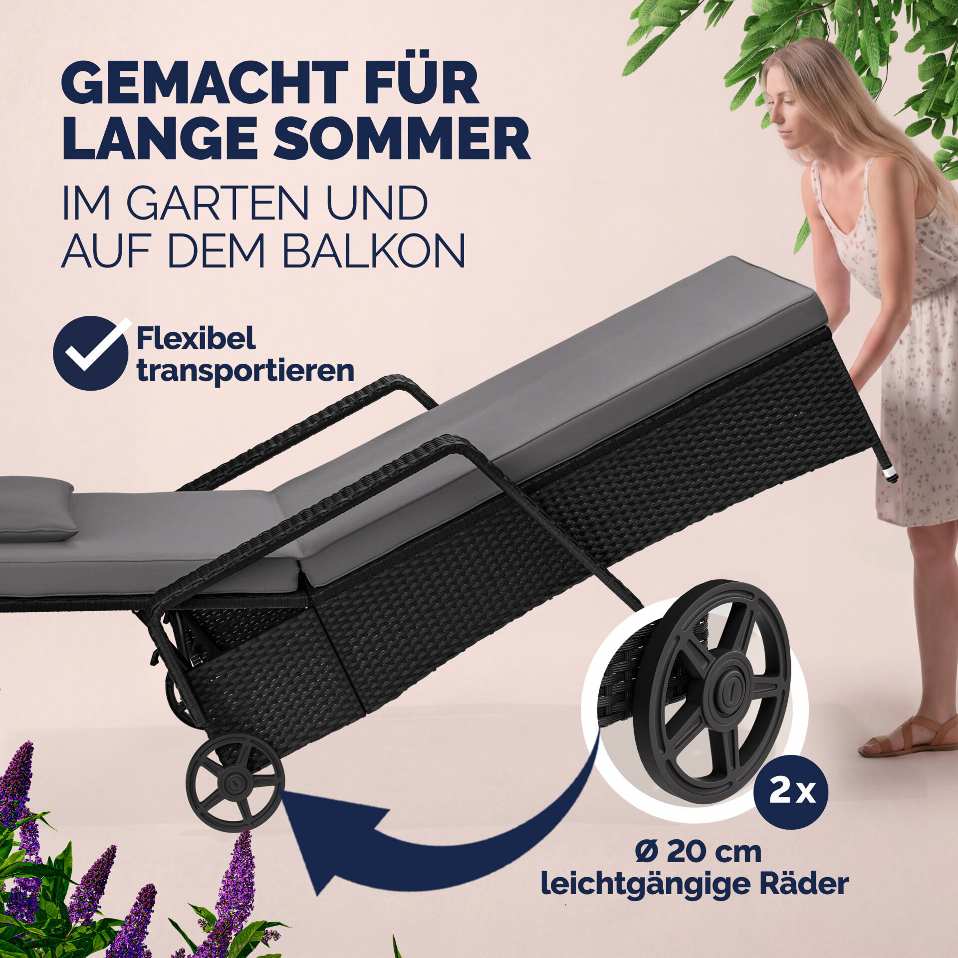 Polyrattan Gartenliege Schwarz/Anthrazit 193x90x43cm