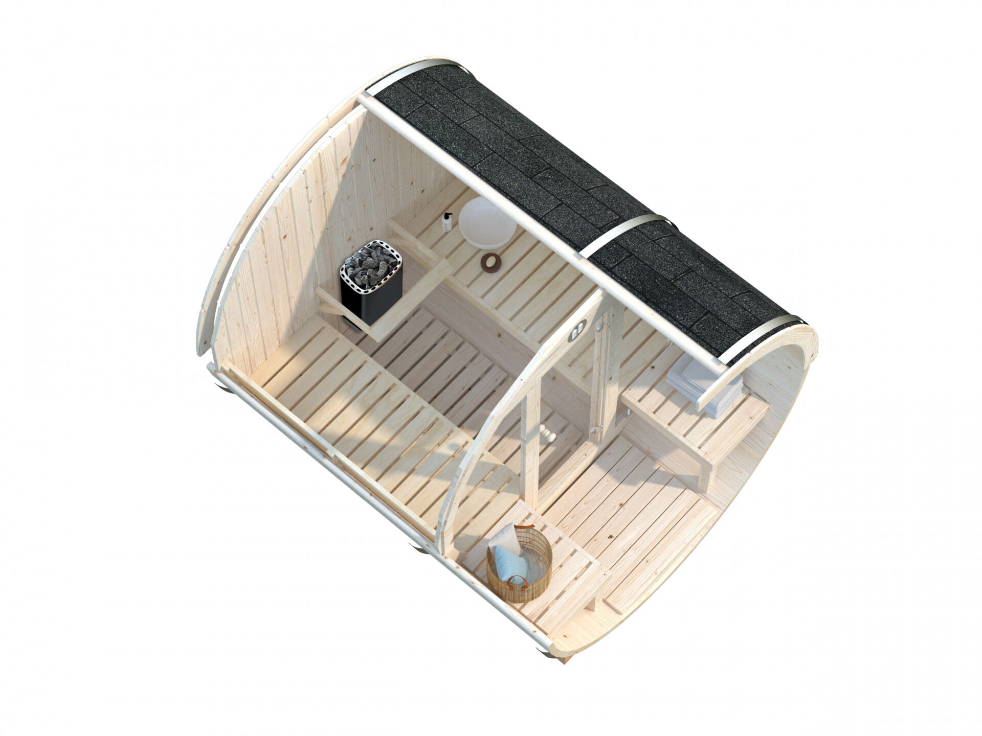 Palmako Saunafass Anita 1,3+0,7 m² mit Glasfront, Innenansicht, Bänke, Elektroofen