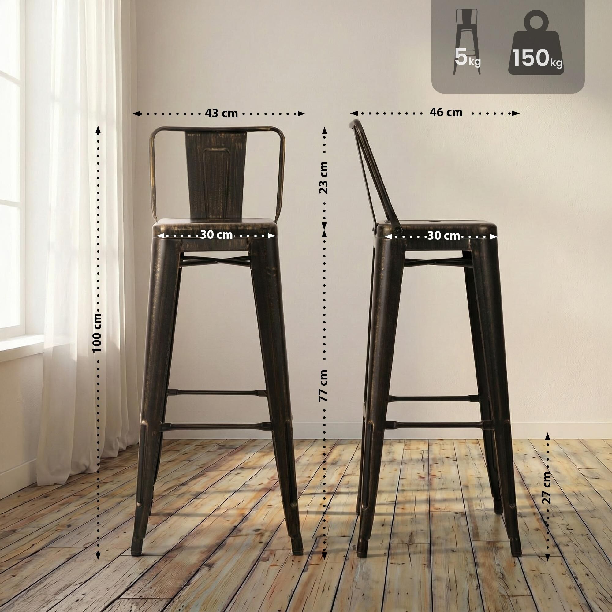 2er Set Barhocker Mason, schwarz-gold