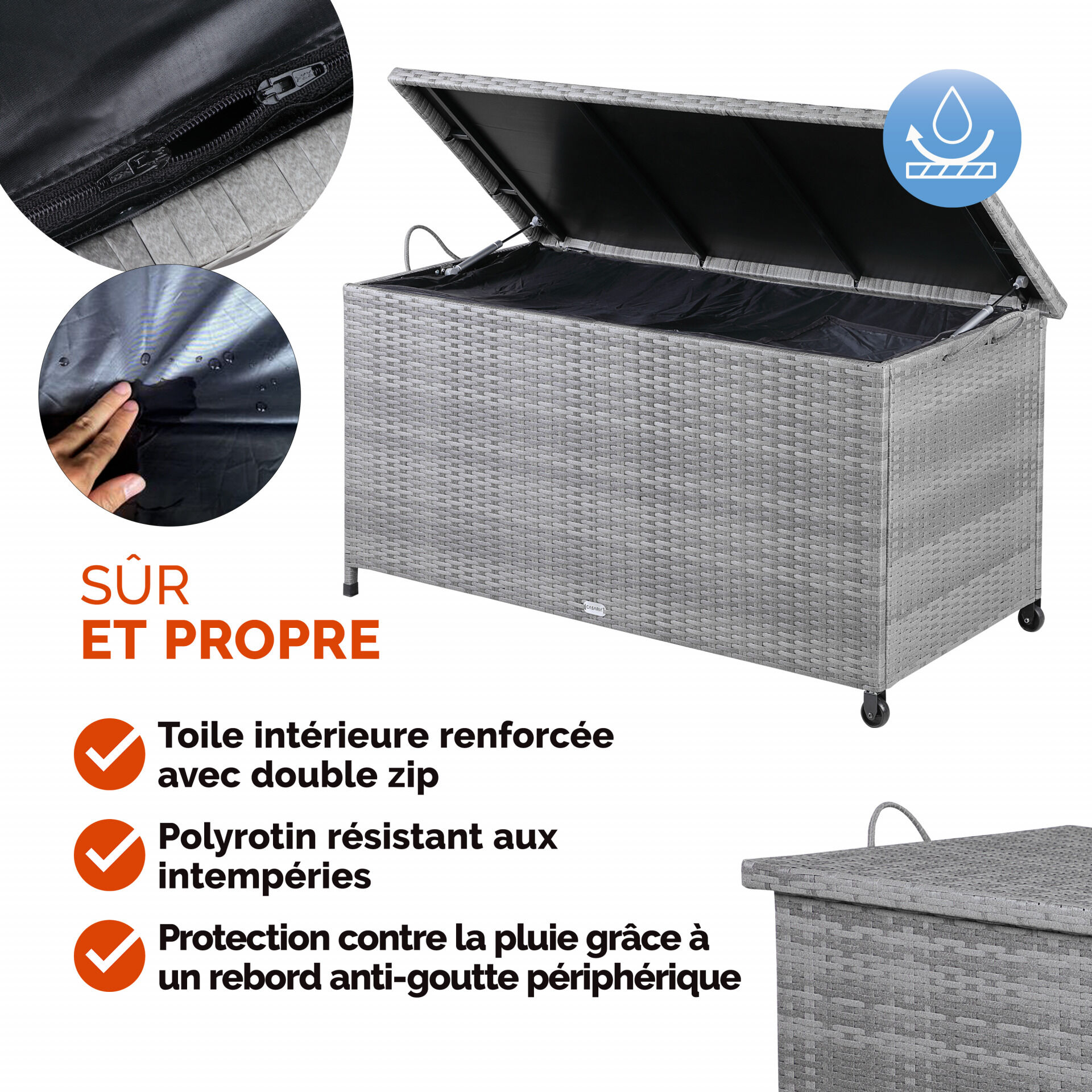 Gartenbox Polyrattan Grau 117x53x60cm mit Griffen + Rollen