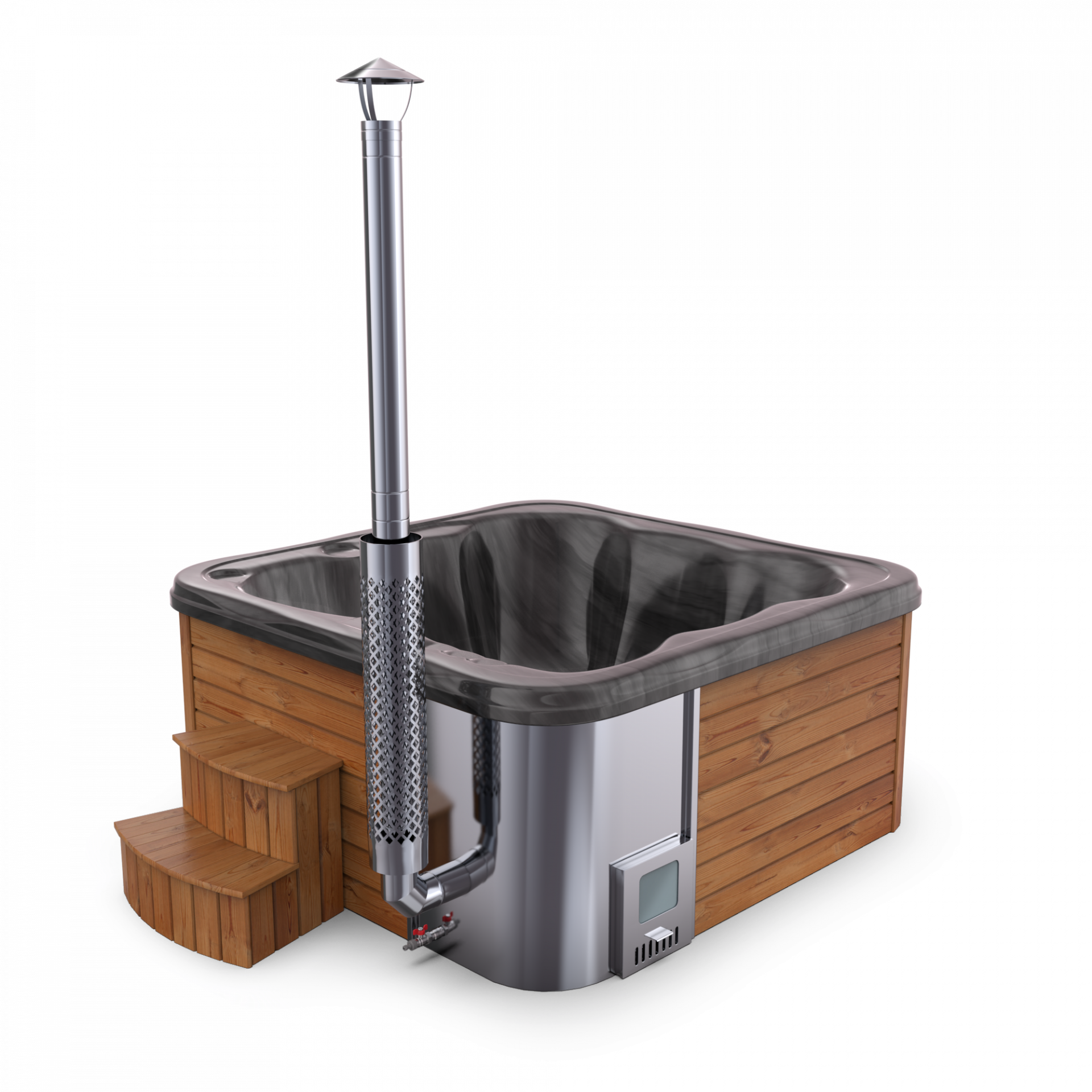 SPANOVA Hot Tub Premium 220 – Thermoholz Whirlpool mit integriertem Holzofen & Acrylwanne, Weiß marmoriert, Holzofen - 35kw V2A