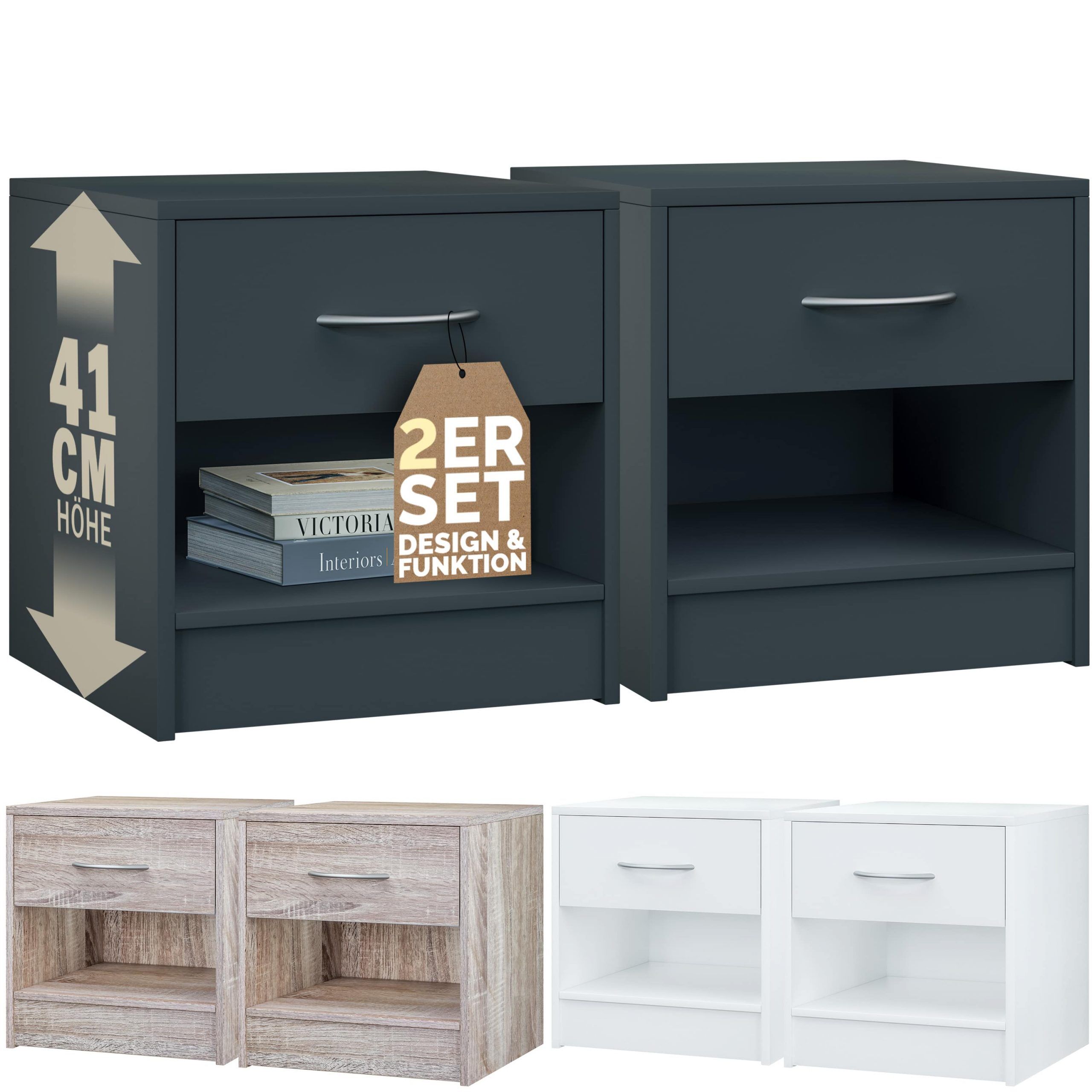Nachttisch Kiel 2er-Set Anthrazit 41x39x28cm