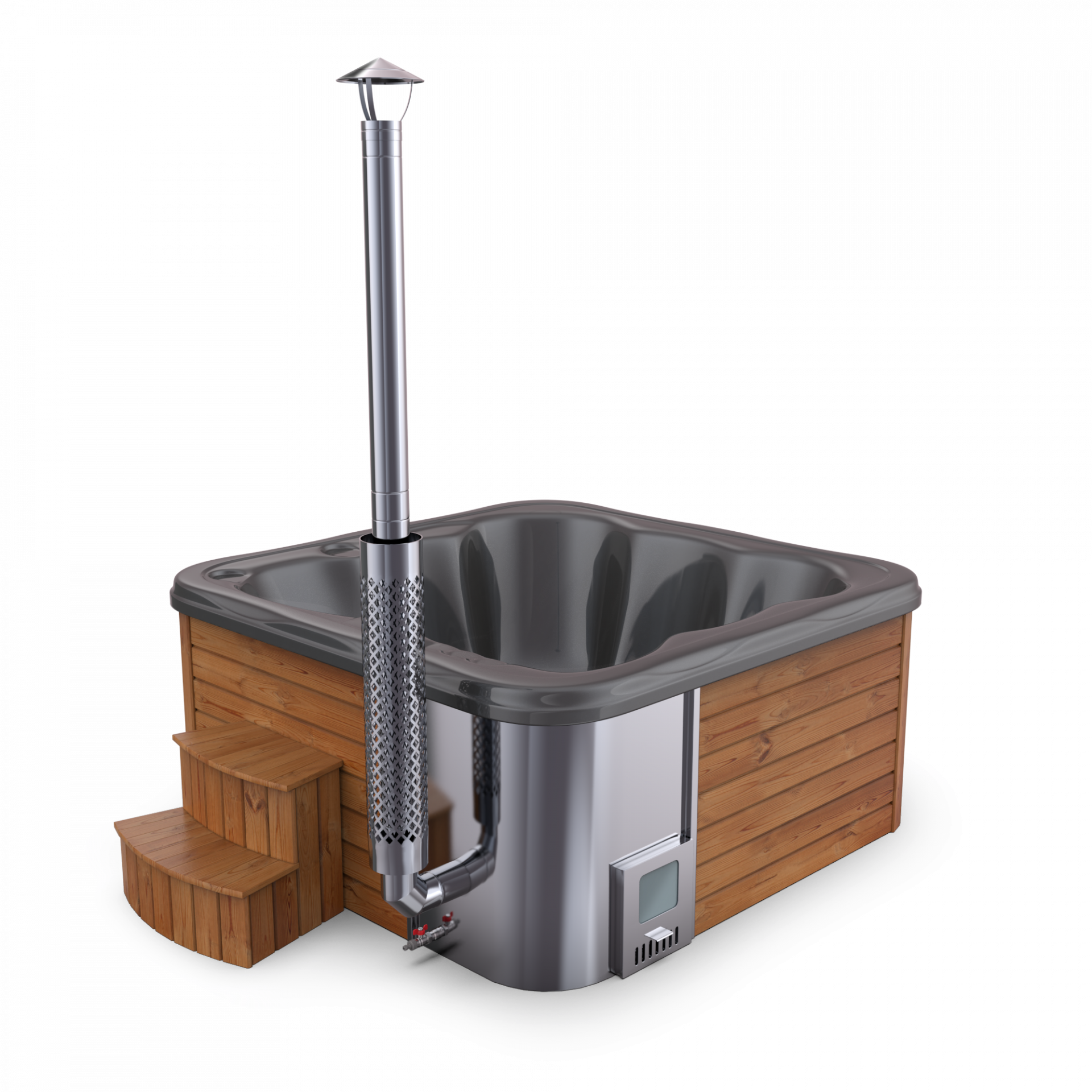 SPANOVA Hot Tub Premium 220 – Thermoholz Whirlpool mit integriertem Holzofen & Acrylwanne, Weiß marmoriert, Holzofen - 35kw V2A