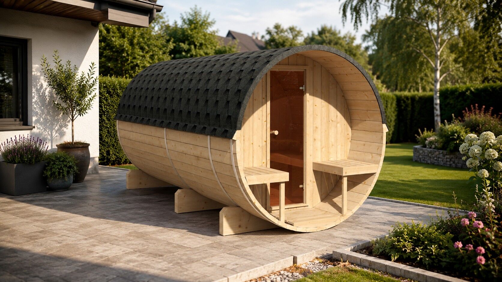 SPANOVA Fasssauna Jori – 400 cm mit Vorraum & Terrasse
