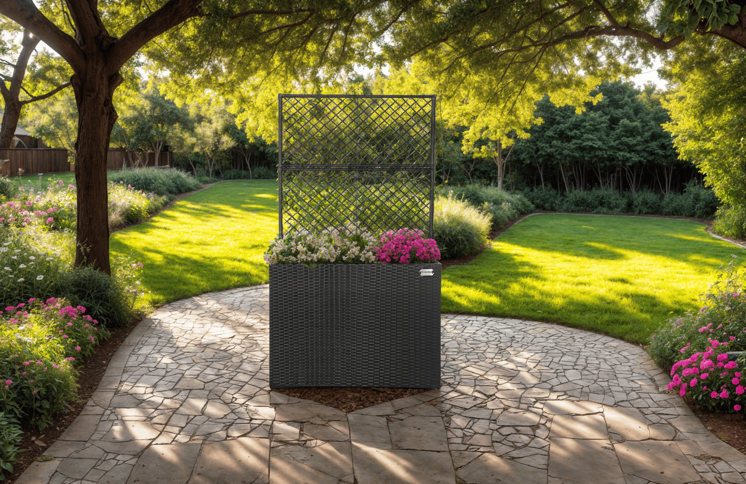 Polyrattan Blumenkasten mit Rankgitter Schwarz