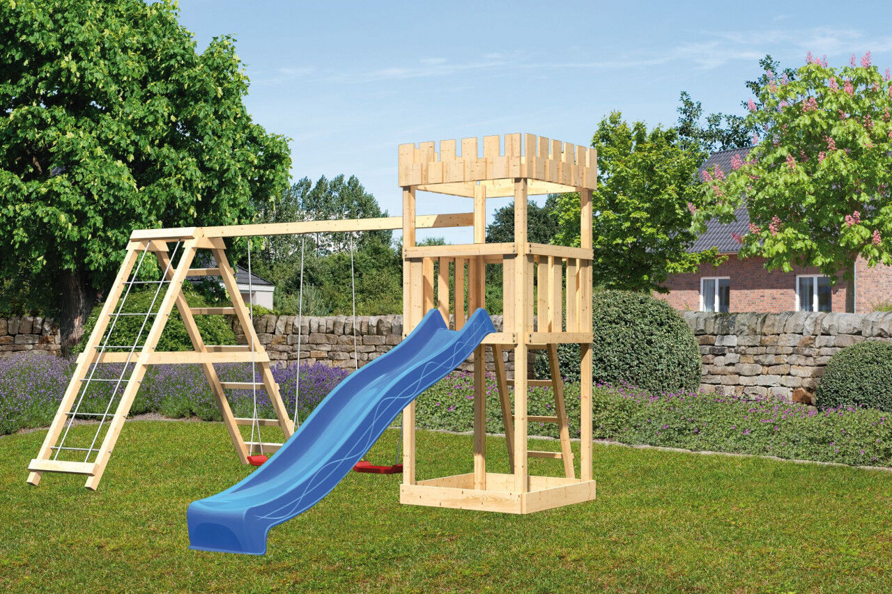 Spielturm Ritterburg Löwenherz SET natur mit Doppelschaukel Klettergerüst, Rutsche blau