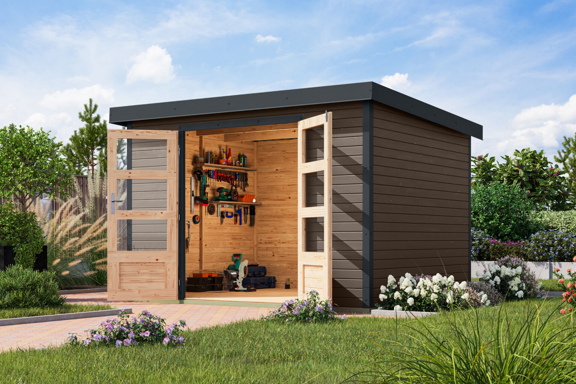 Karibu Pultdach Holz & Metall Gartenhaus Jupiter 5, naturbelassen / graualuminium