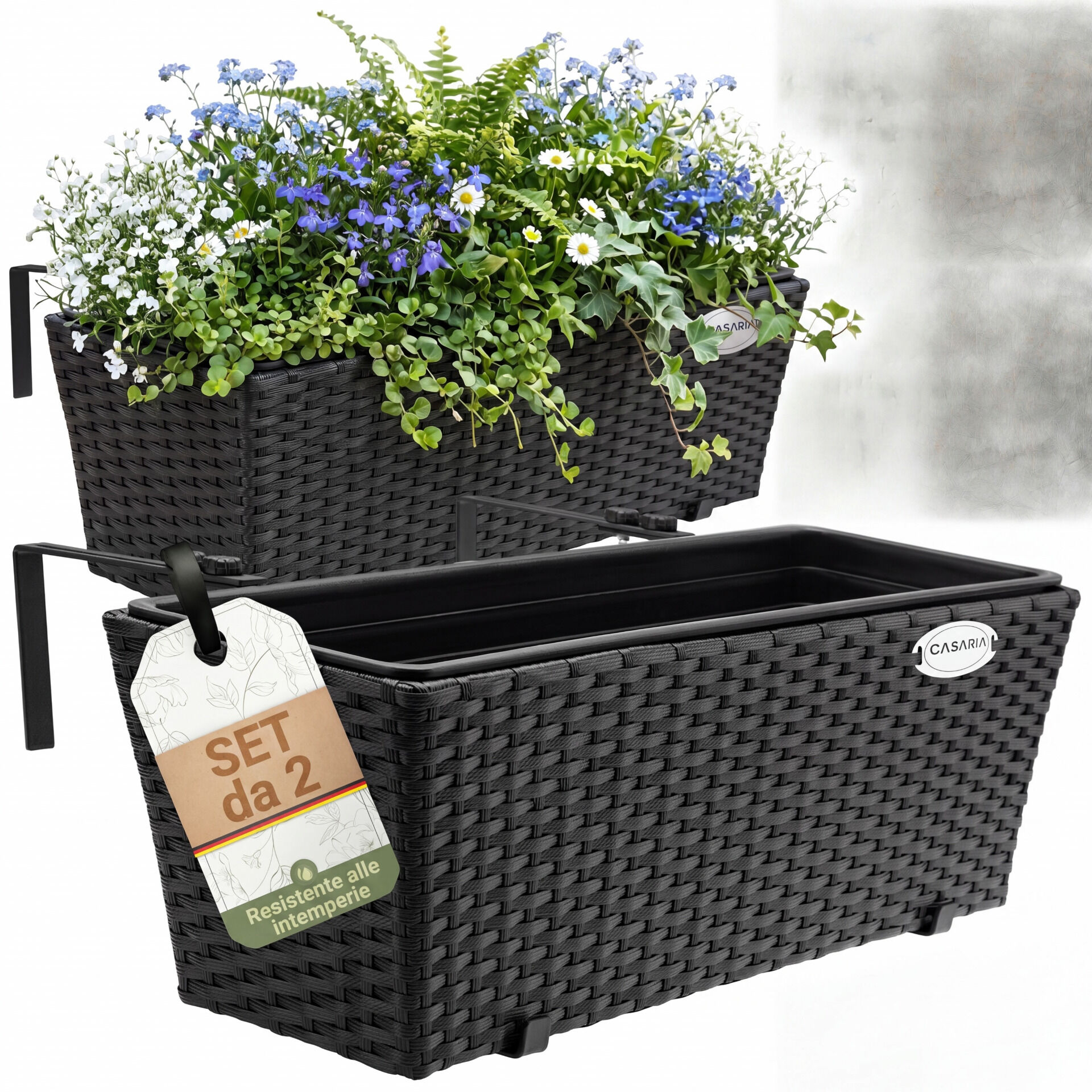 Polyrattan Blumenkasten 2er-Set Schwarz