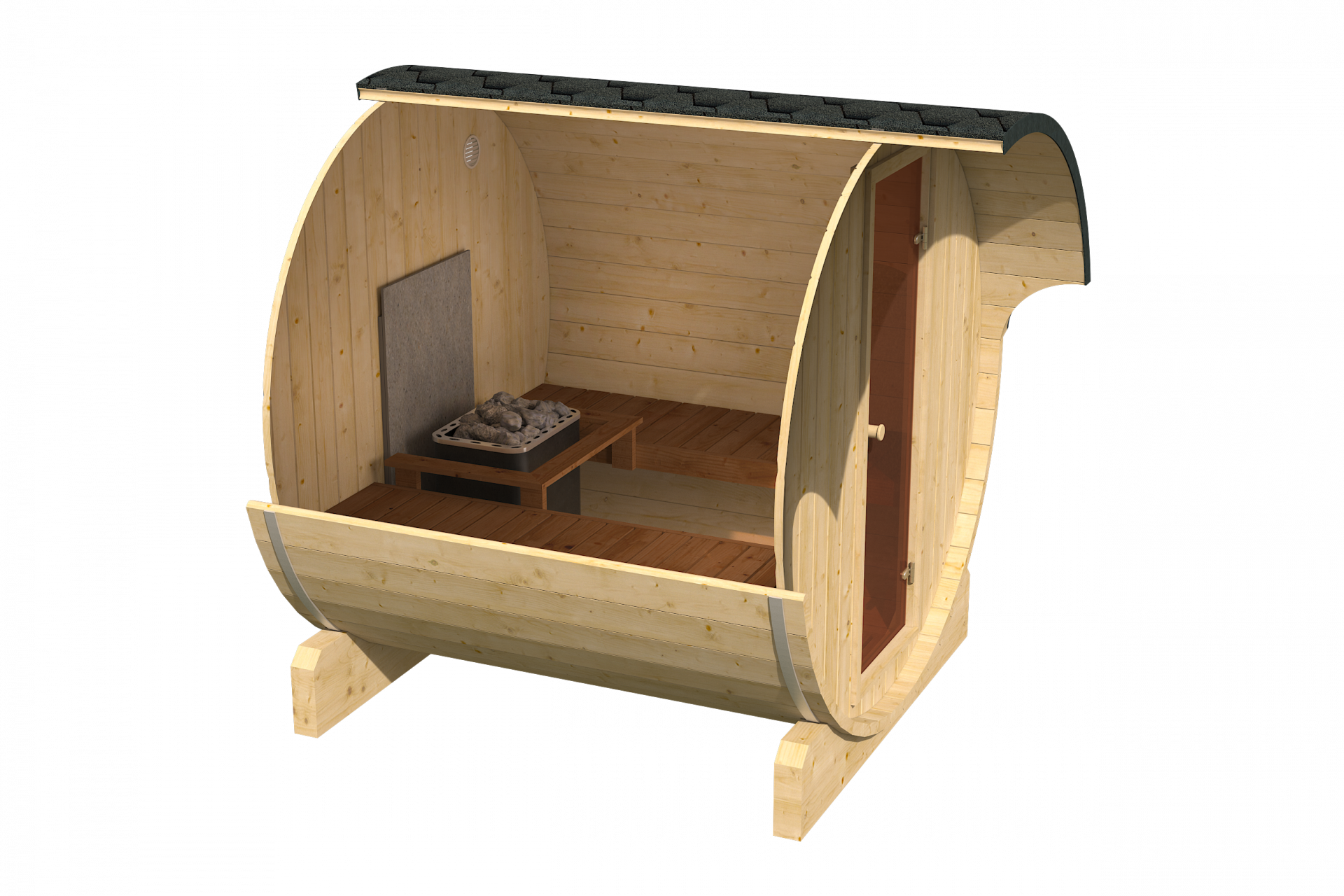 Finn Art Fass-Sauna Ove Innenansicht mit Elektroofen und zwei seitlichen Bänken