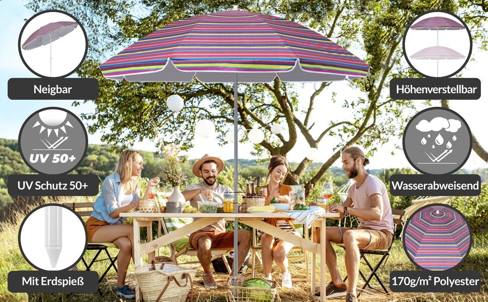Sonnenschirm Cyprus Bunt 180cm UV-Schutz 50+ Neigefunktion