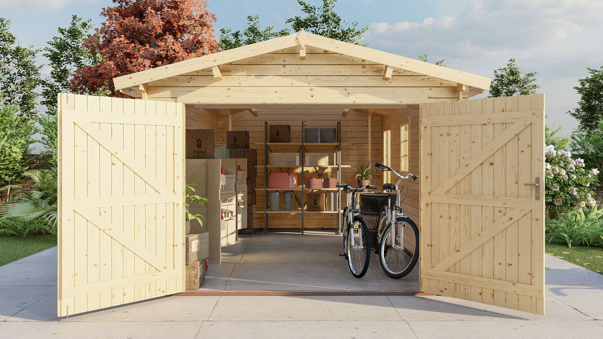 Holzgarage Schweden 41 – 28 mm Blockbohlen Einzelgarage mit Doppeltor