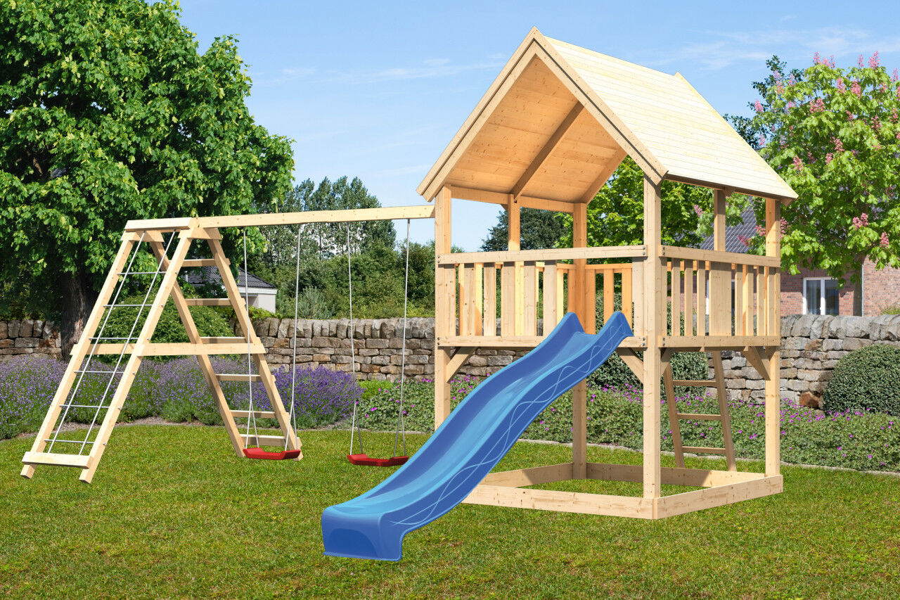 Spielturm Luis Satteldach SET natur mit Doppelschaukel Klettergerüst und Rutsche blau